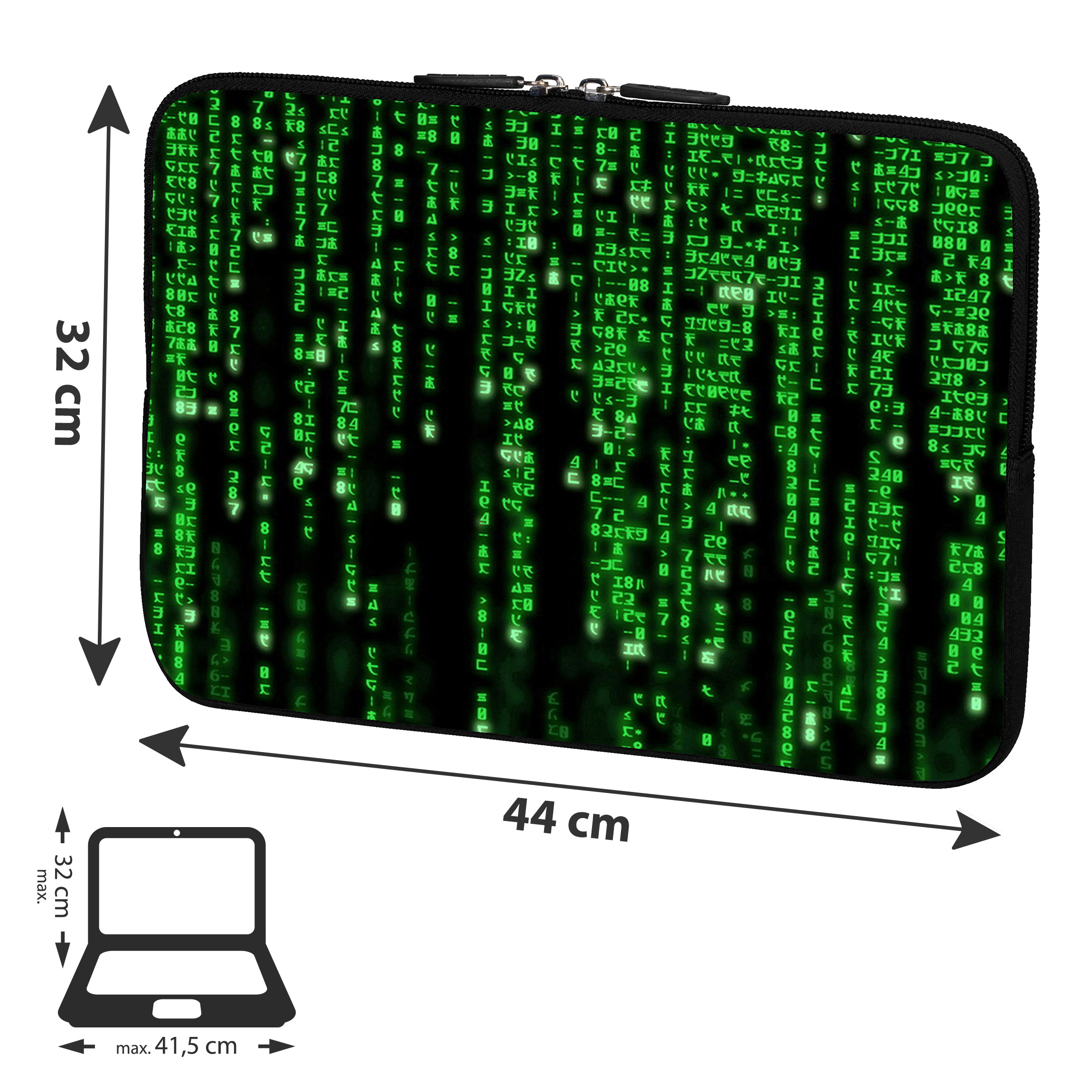 Una custodia per laptop con sfondo nero e motivo a pioggia digitale verde.