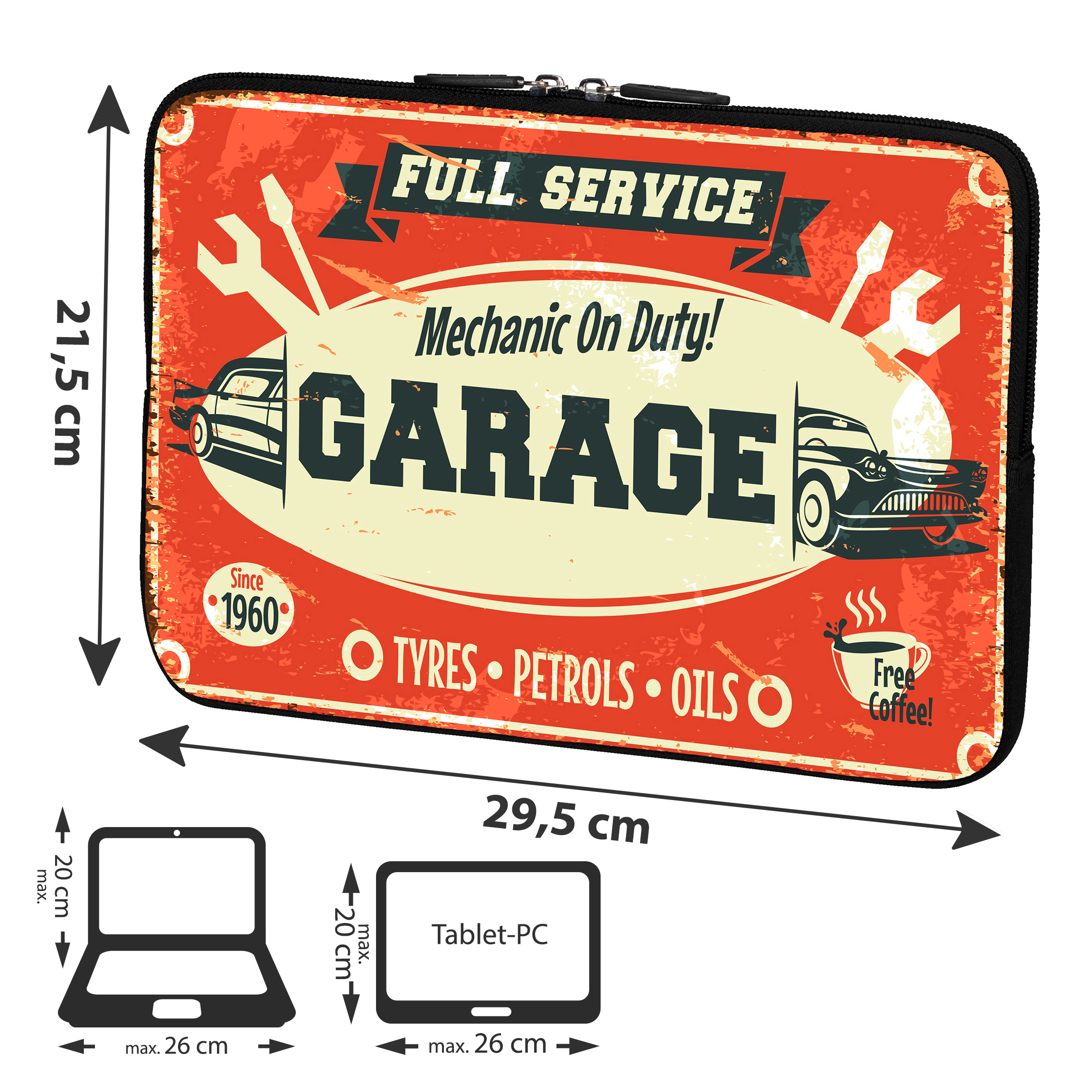 Laptophülle mit Garage-Schild-Design. Enthält Text: Full Service, Garage, Tyres, Petrols, Oils usw.