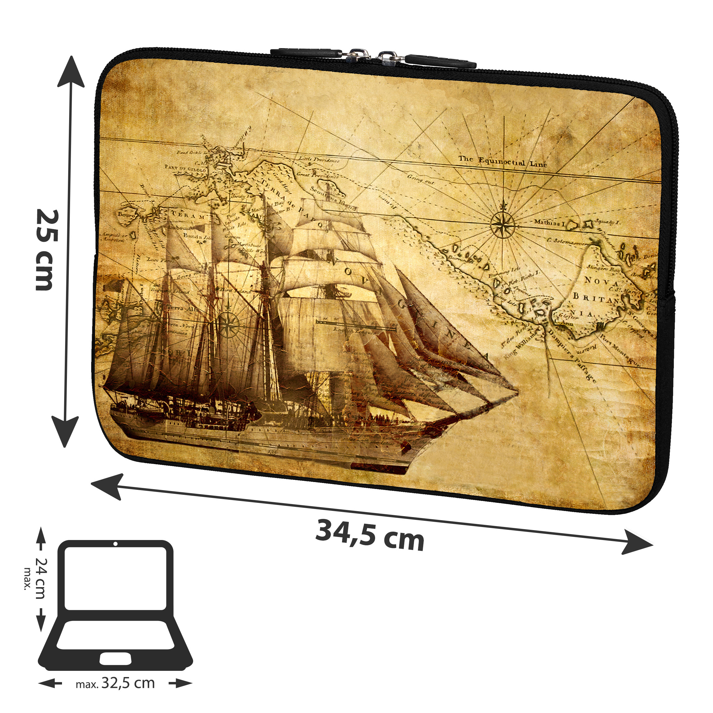 Laptophülle mit einer Vintage-Karte und einer Segelschiff-Illustration.