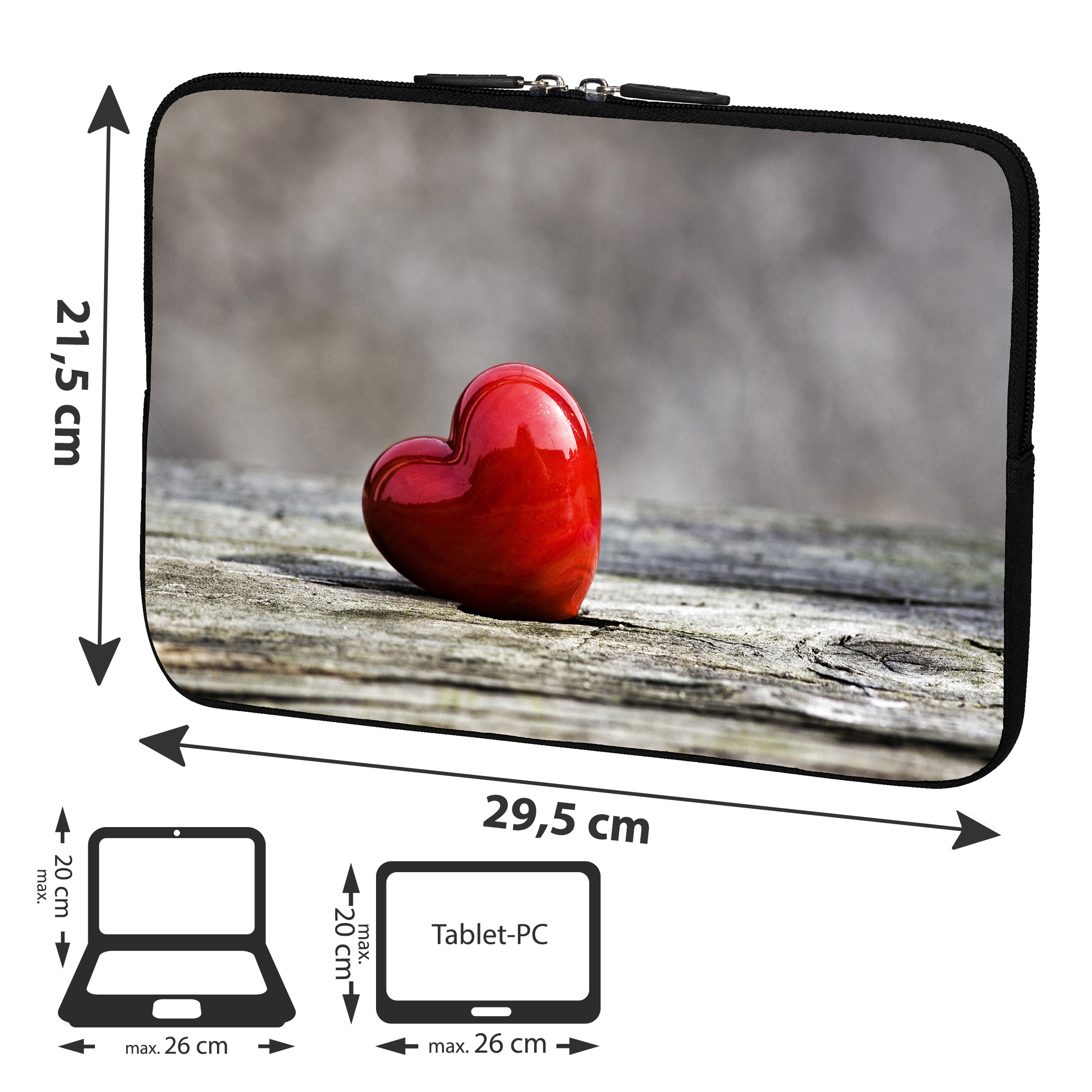 Laptoptasche mit rotem Herz auf Holz. Abmessungen: 21,5 x 29,5 cm. Laptop- und Tablet-Silhouetten.