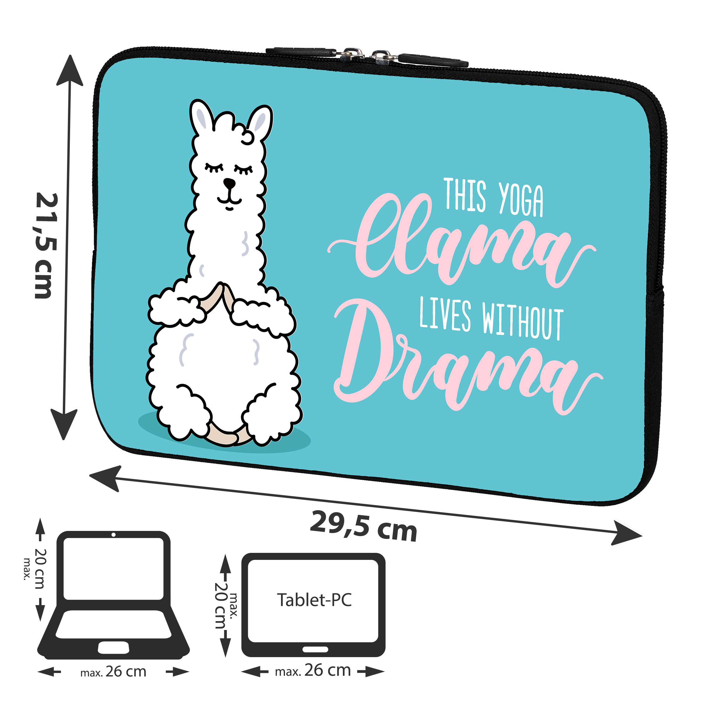 Laptoptasche mit blauem Hintergrund und einem Lama-Cartoon. Text: This Yoga Llama Lives Without Drama.