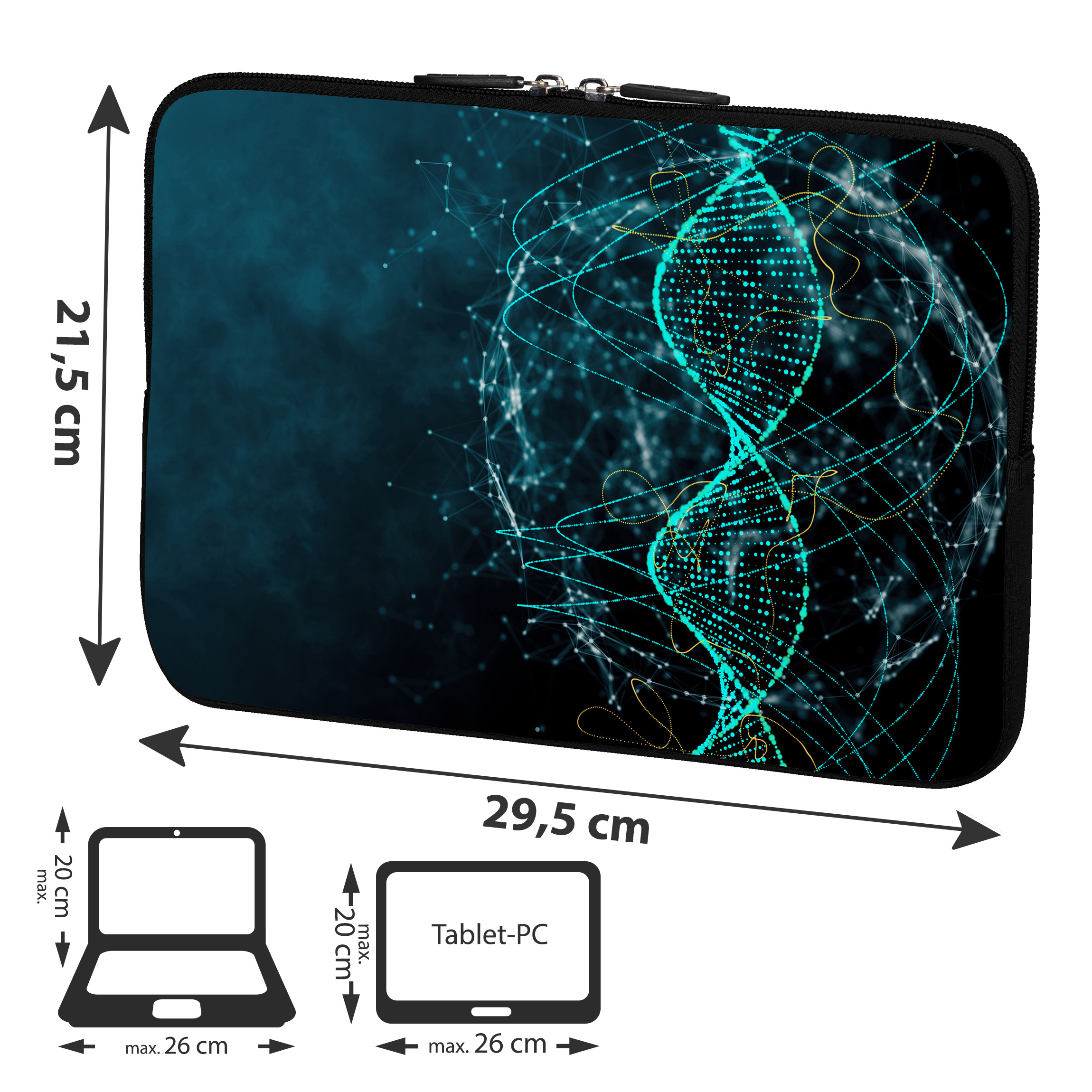 Laptoptasche mit blauem, abstraktem, DNA-ähnlichem Design. Abmessungen und Tablet-Silhouette angezeigt.