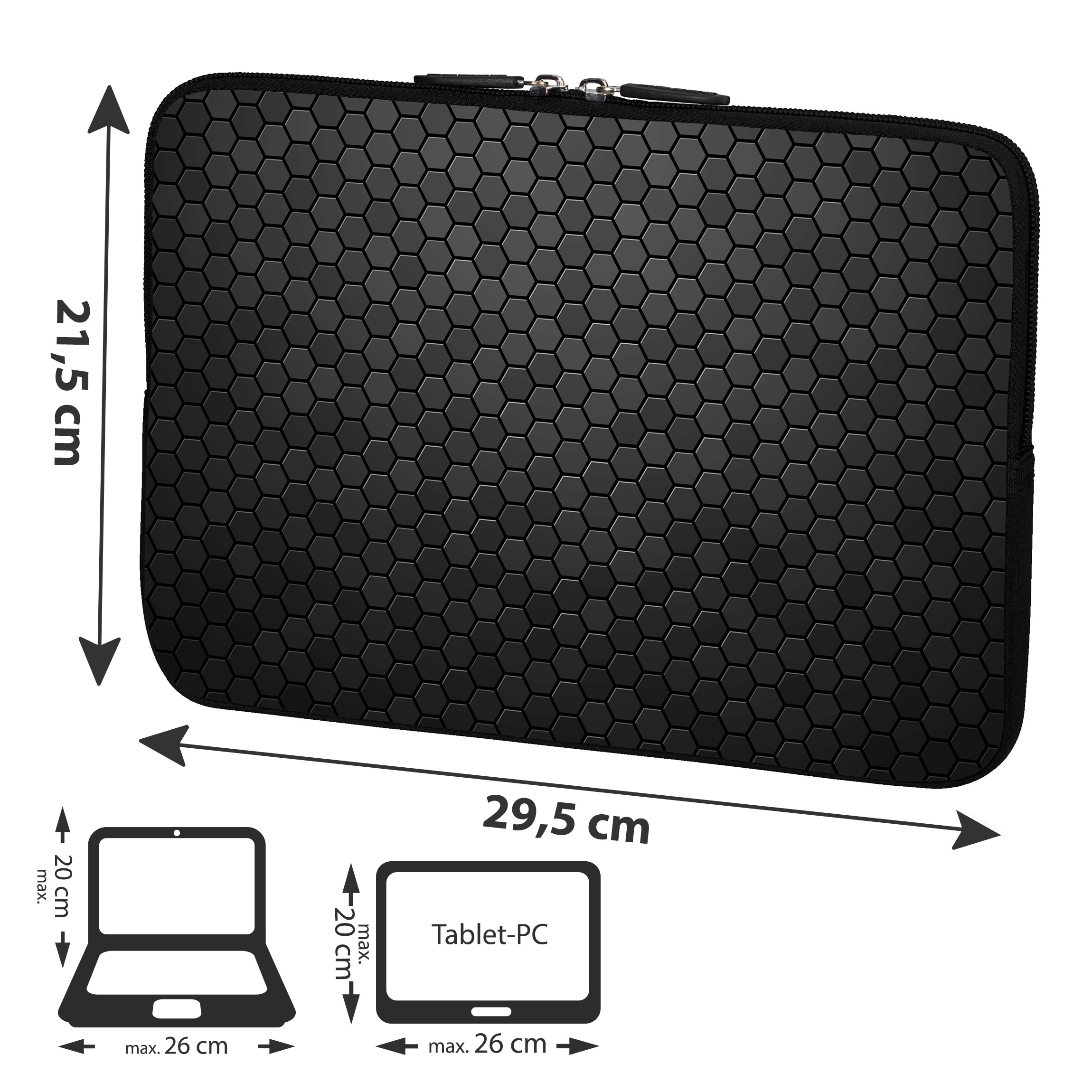 Eine schwarze Laptoptasche mit den Maßen: 21,5 cm x 29,5 cm. Laptop- und Tablettsilhouetten sind abgebildet.