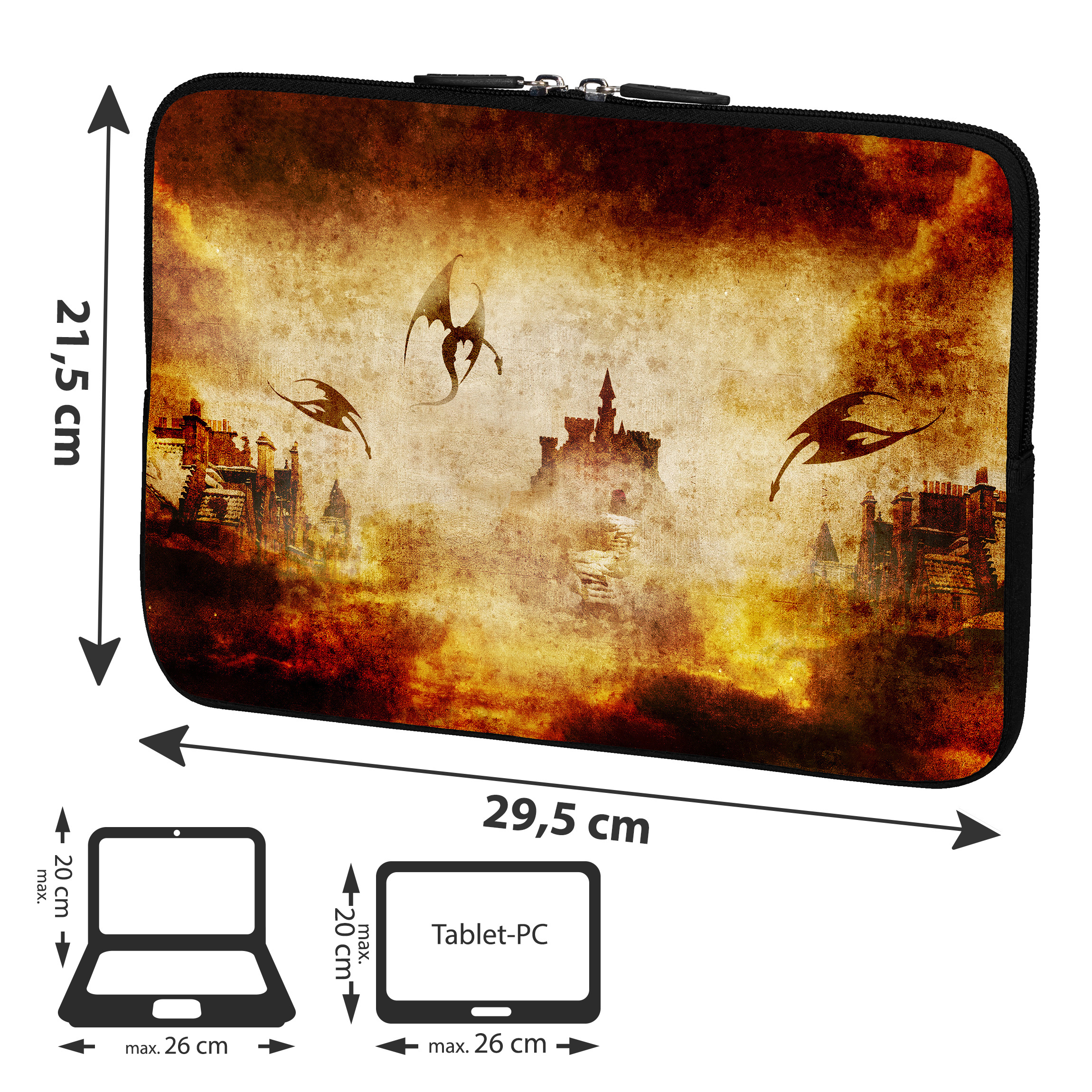 Eine schwarze Laptop-Hülle mit einer Fantasieszene mit Drachen, einer Burg und Maßen.
