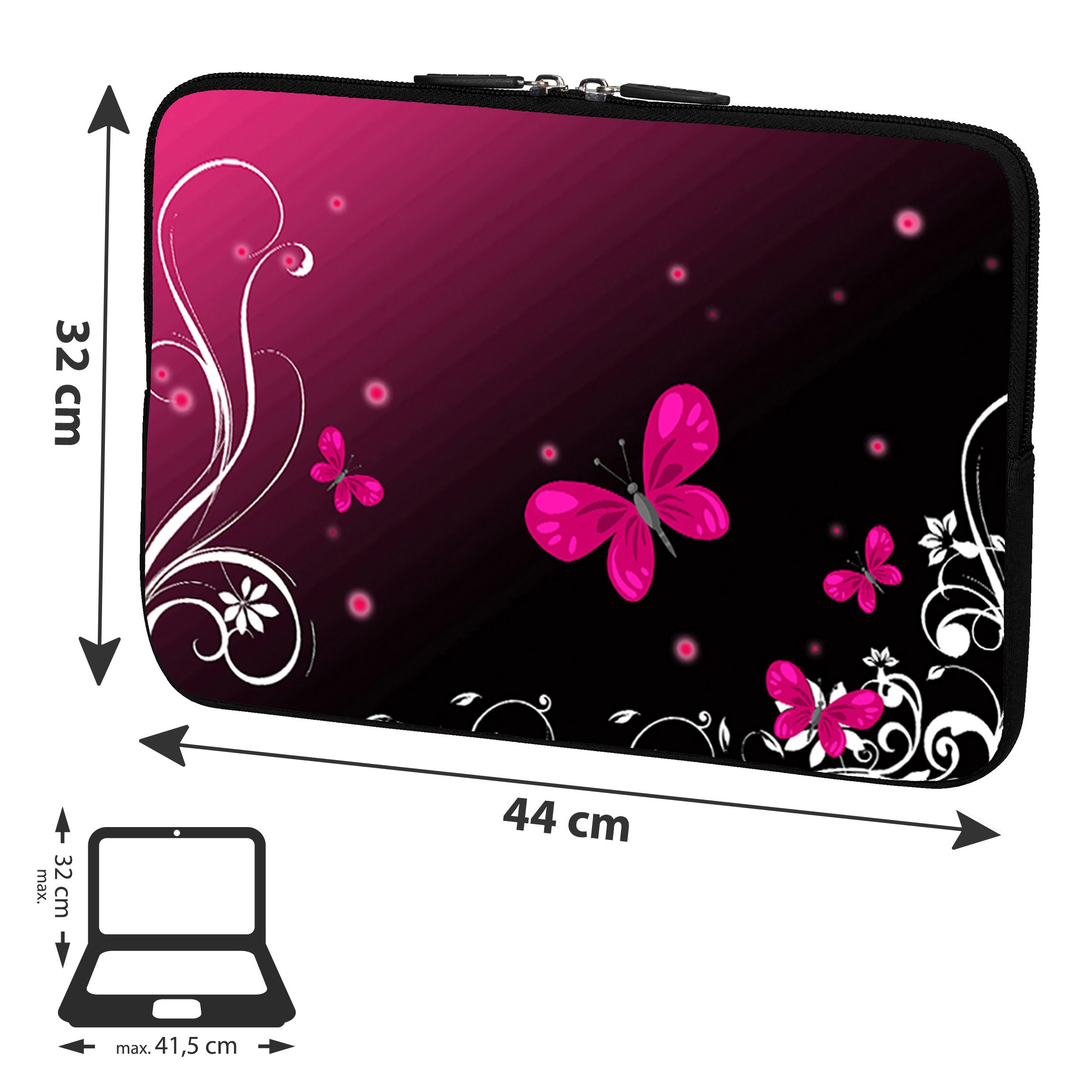 Custodia per laptop con farfalle rosa e design floreale.
