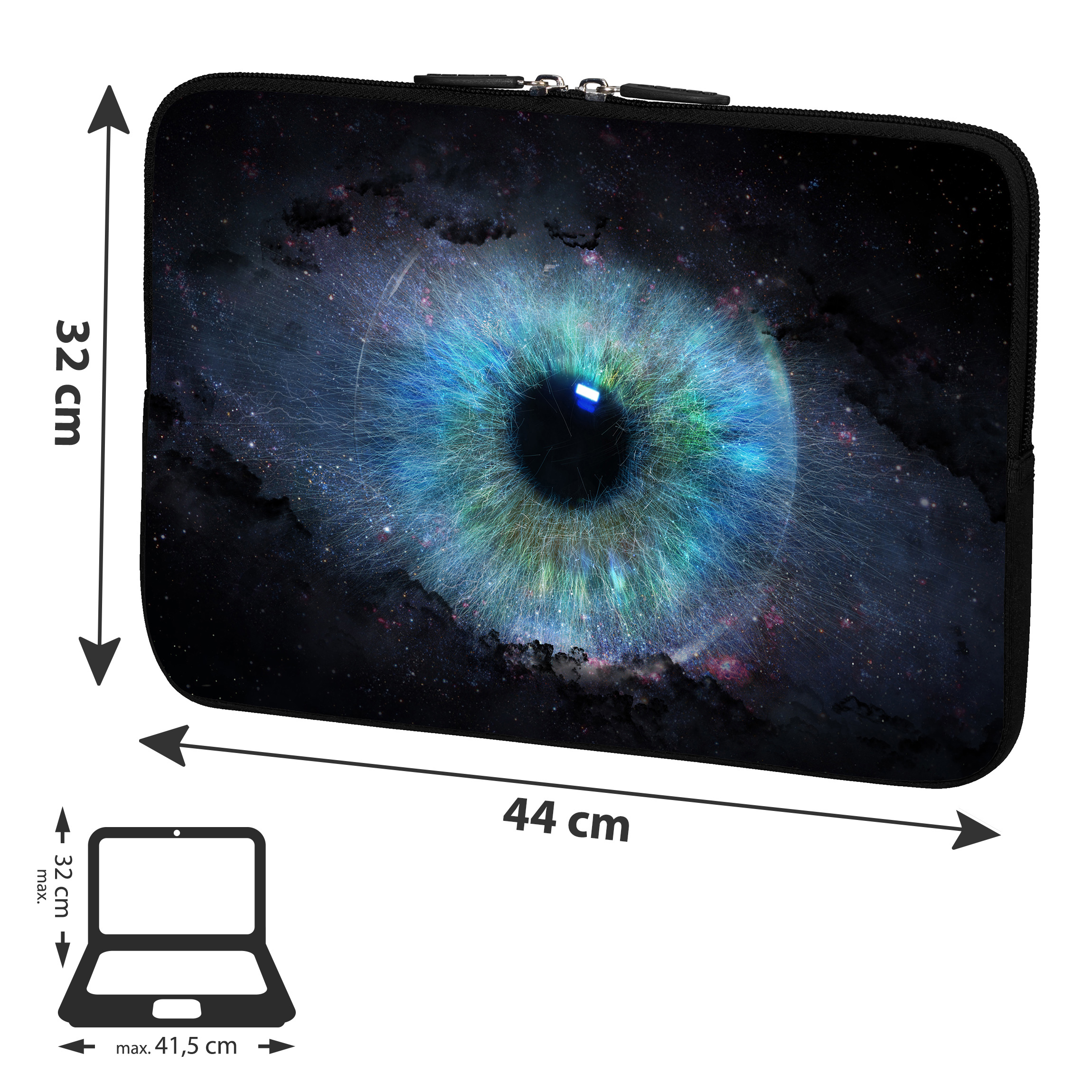Custodia per laptop con un'immagine di un occhio, con dettagli sulle dimensioni.