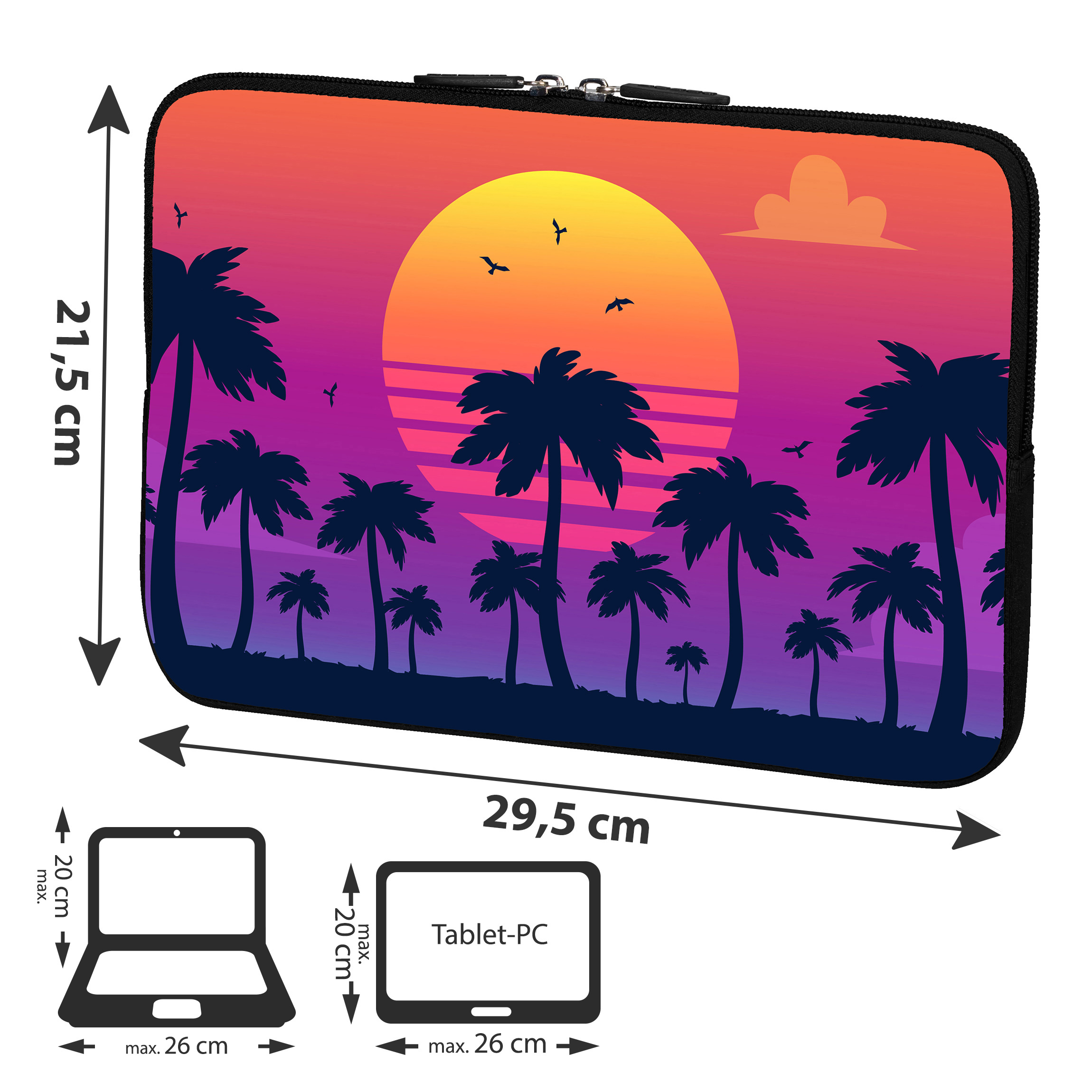 Laptoptasche mit Sonnenuntergang und Palmen, mit Abmessungen und Laptop-Umriss.