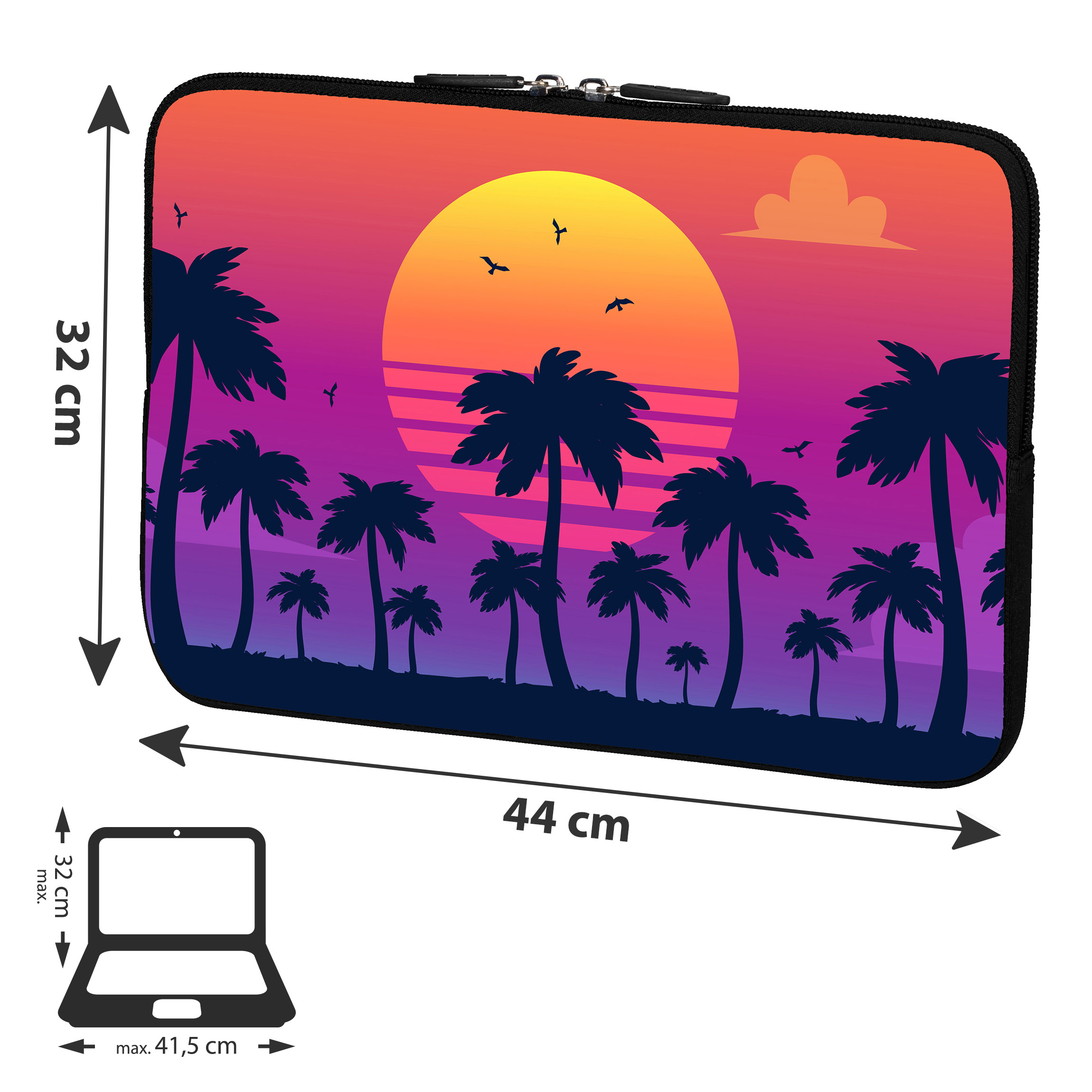 Laptophülle mit Sonnenuntergang-Palmen-Design; Maße: 32 cm Höhe, 44 cm Breite.