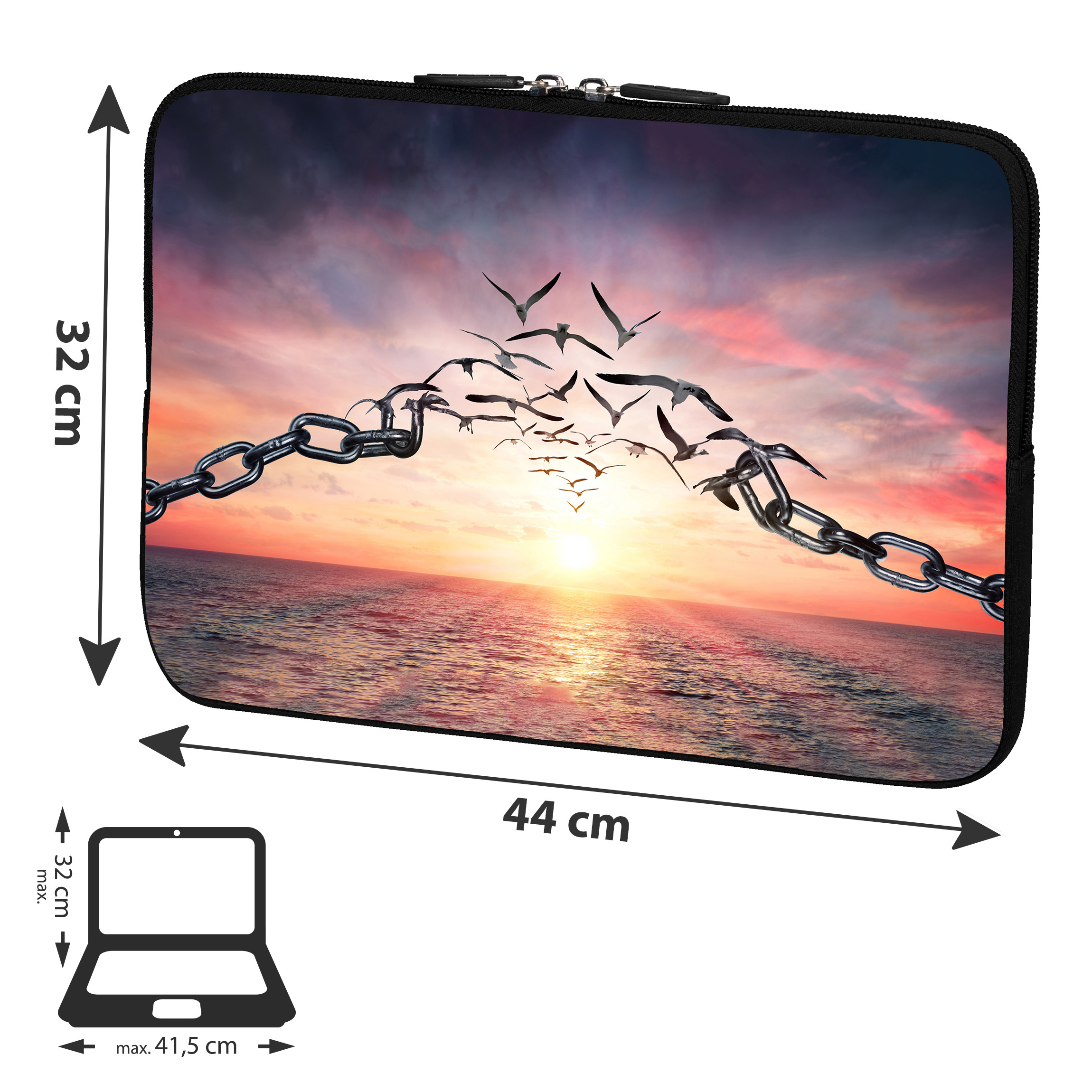 Laptoptasche mit Sonnenuntergang, Vögeln, die Ketten sprengen, und Meer.