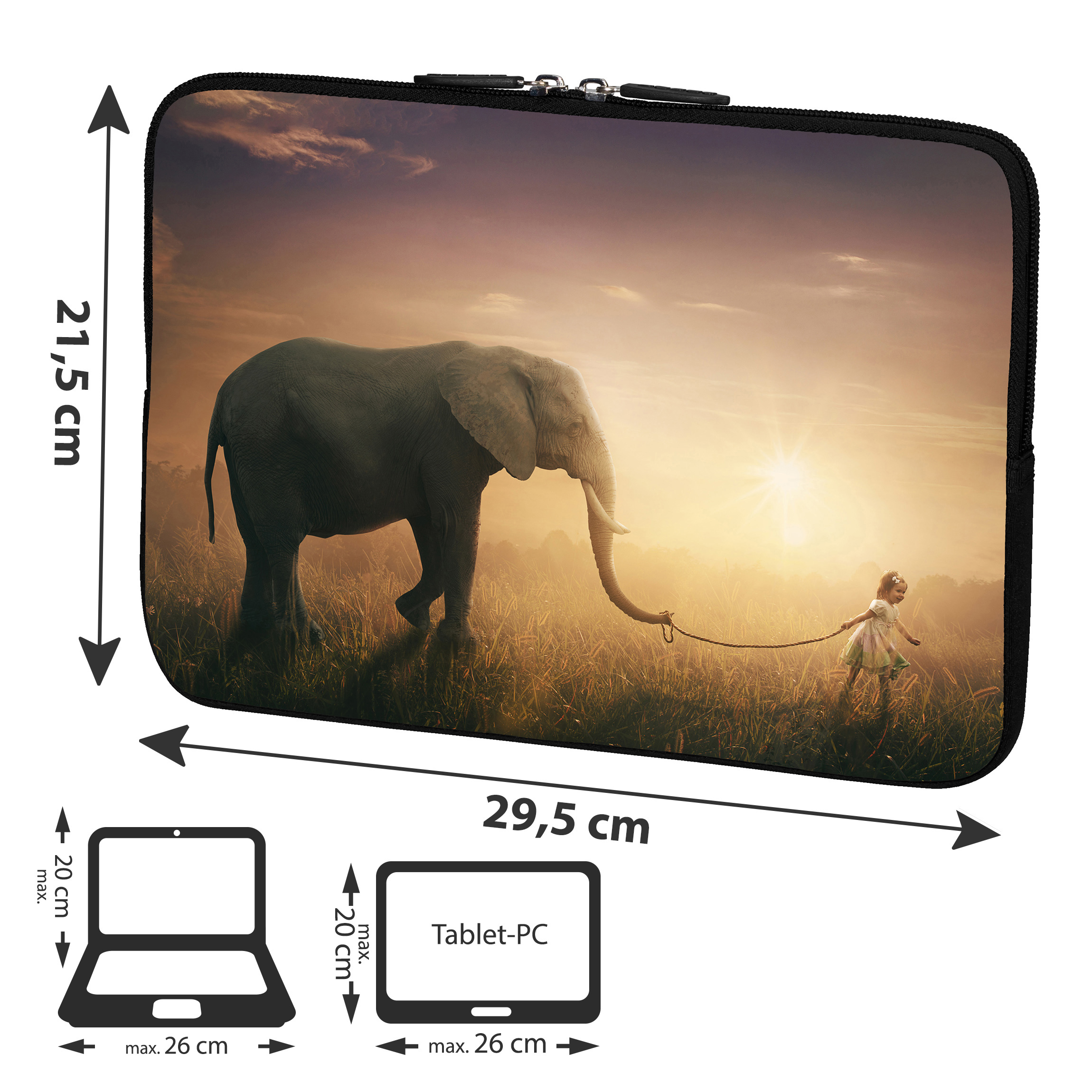 Tablettasche mit Elefant und Mädchen. Sonnenuntergang im Hintergrund. Maße in Zentimetern und Laptop.