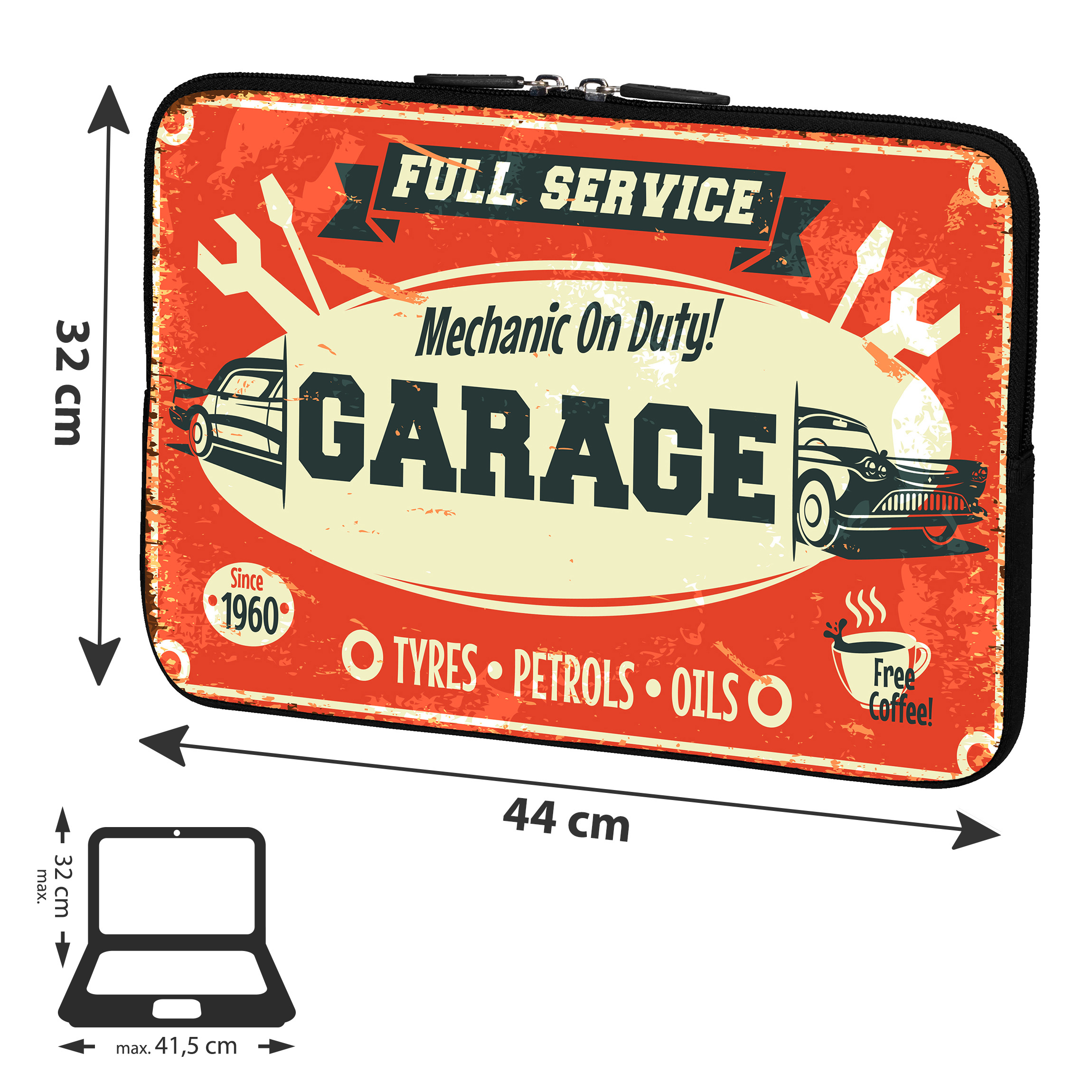 Custodia per laptop con design garage retrò. Strumenti, auto e testo. Dimensioni 44x32 cm.
