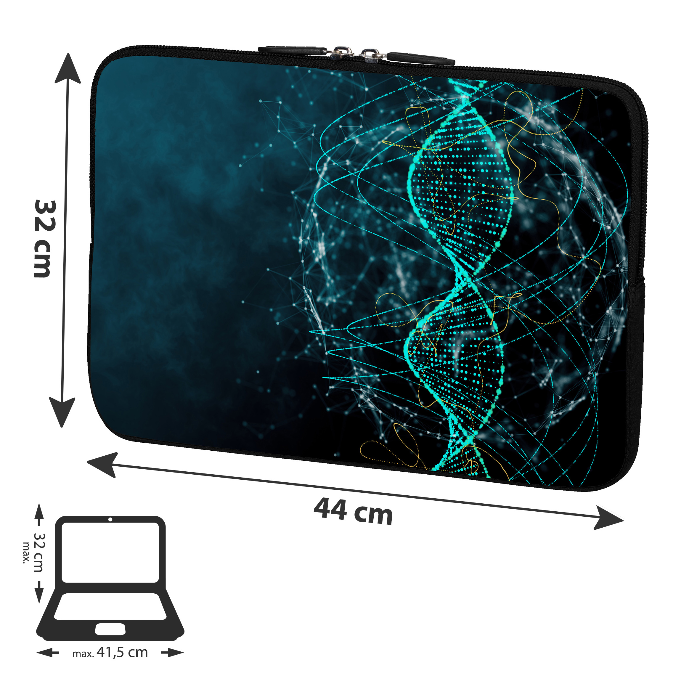 Custodia per laptop con un motivo simile al DNA. Etichette delle dimensioni e silhouette di un laptop. Sfondo bianco.