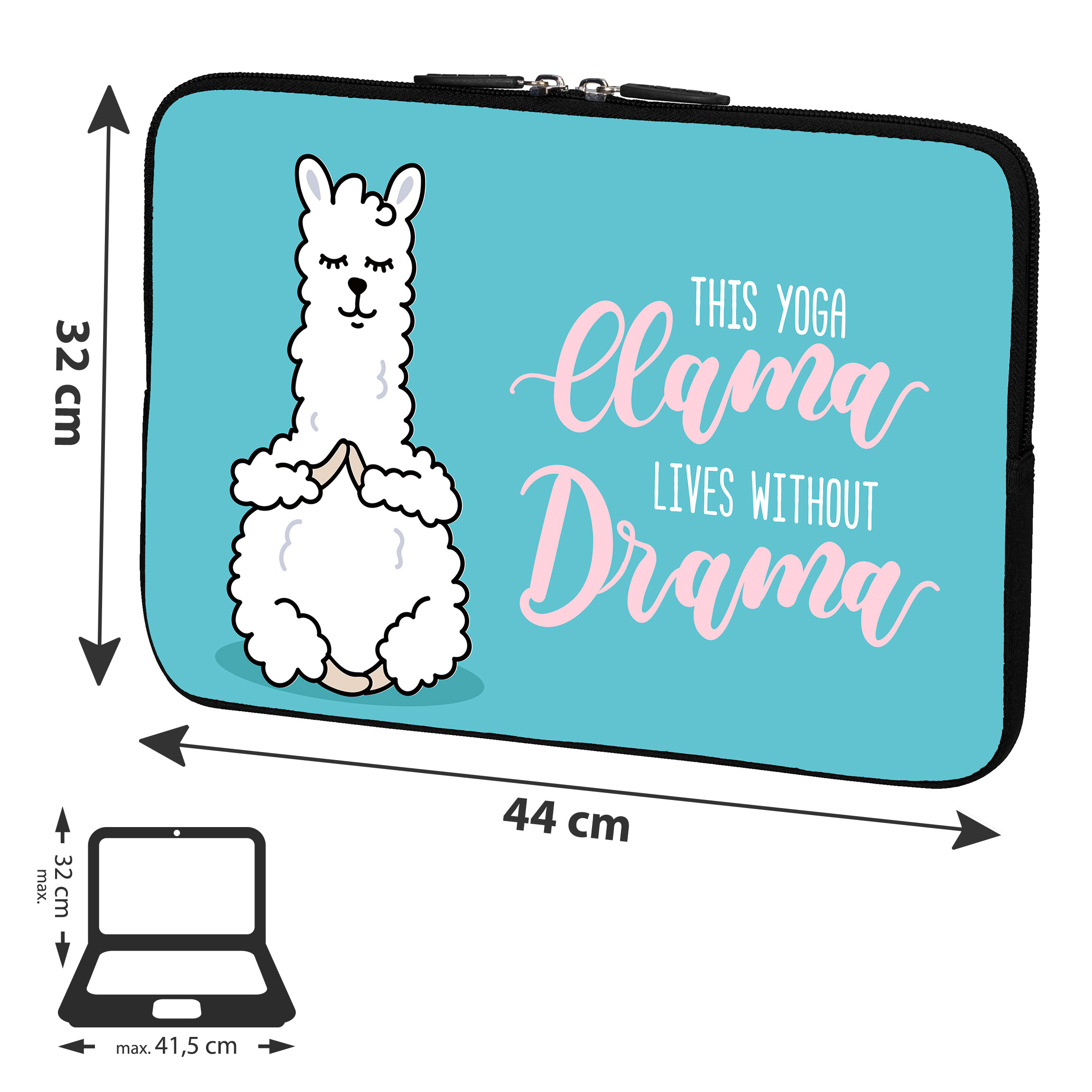 Eine Laptop-Hülle mit Lama-Design und dem Text „This Yoga Llama Lives Without Drama“.