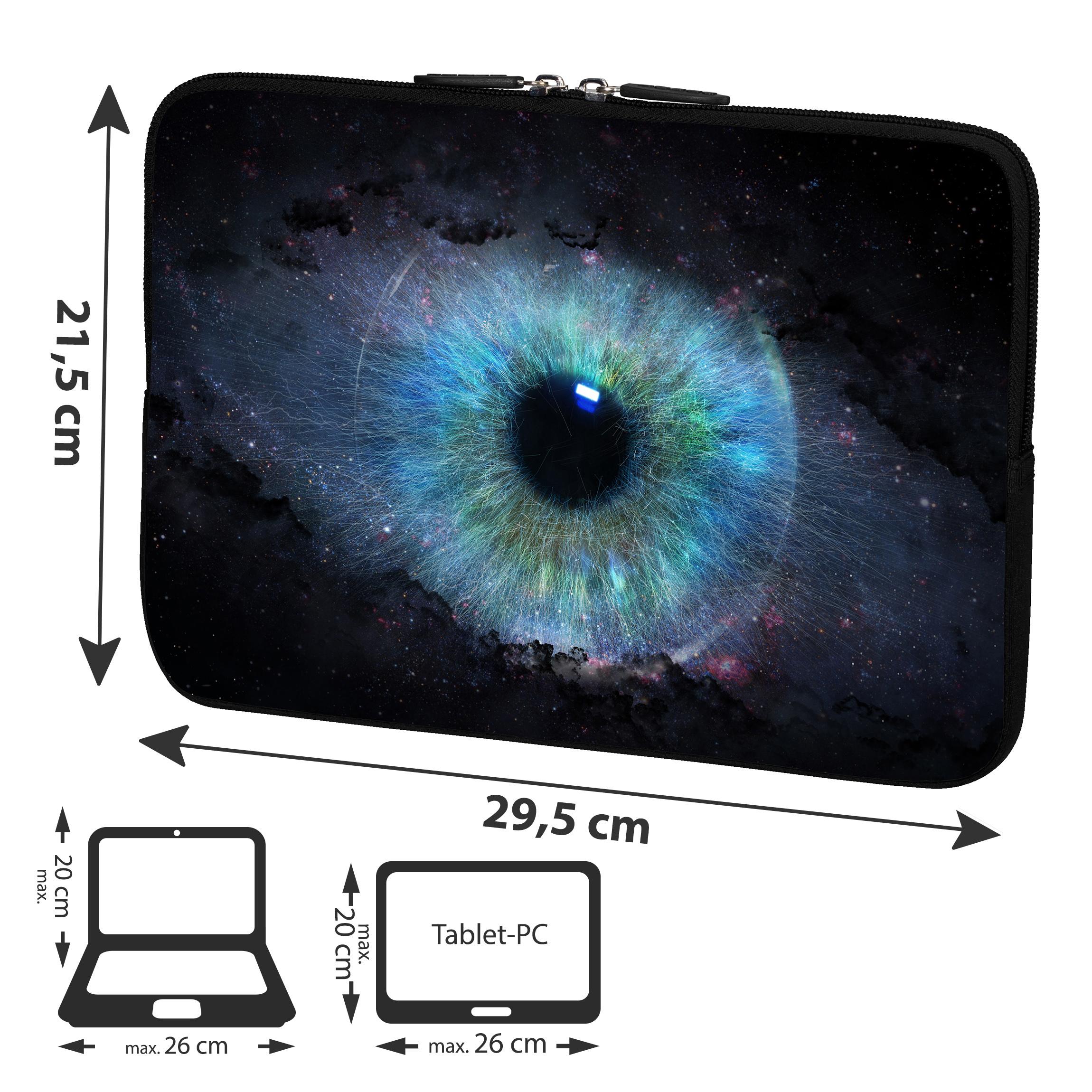 Laptoptasche mit detailliertem Augendesign, 29,5 cm breit, mit Laptop- und Tablet-Silhouetten.
