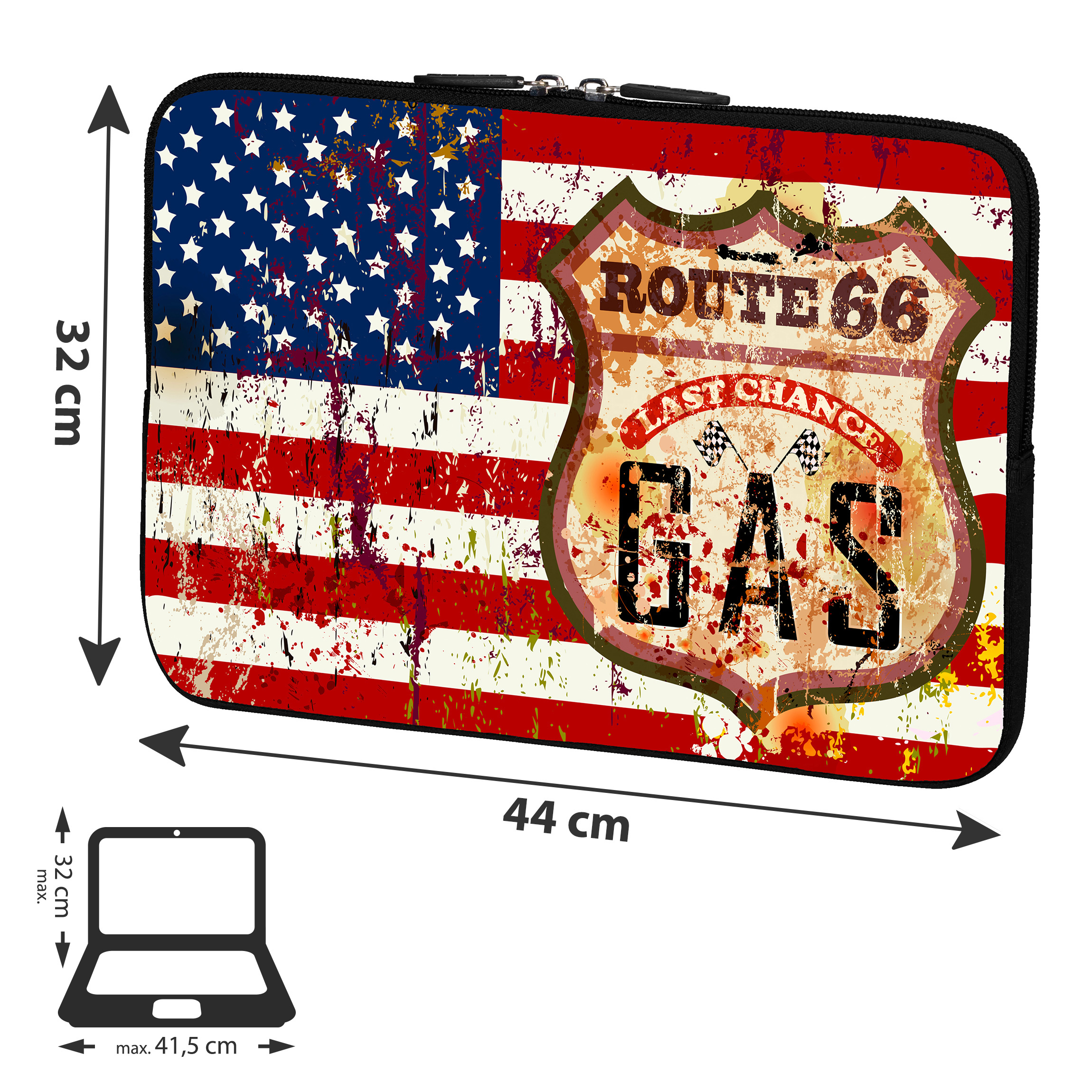 Laptoptasche mit US-Flagge und Route 66 Logo. Sie ist 44 cm breit und 32 cm hoch.