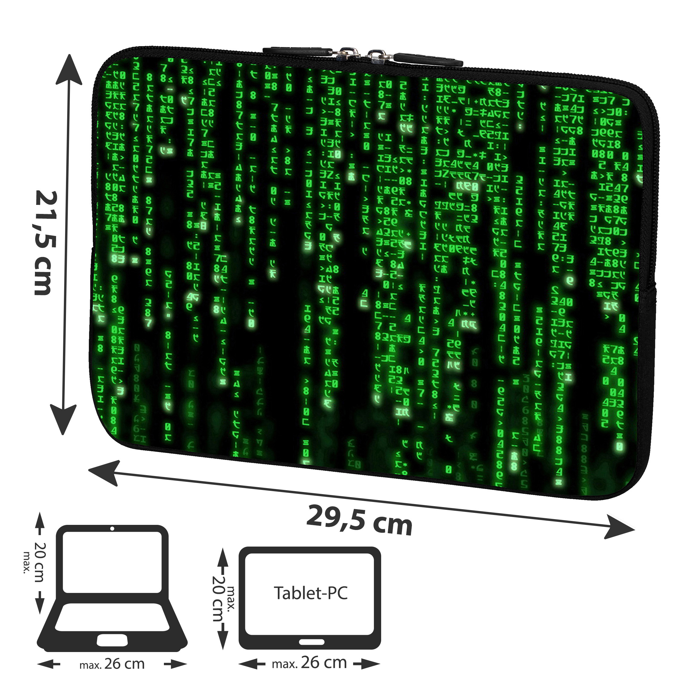 Eine Laptop-Hülle mit Matrix-Muster, Abmessungen in cm und Laptop-/Tablet-Silhouetten.