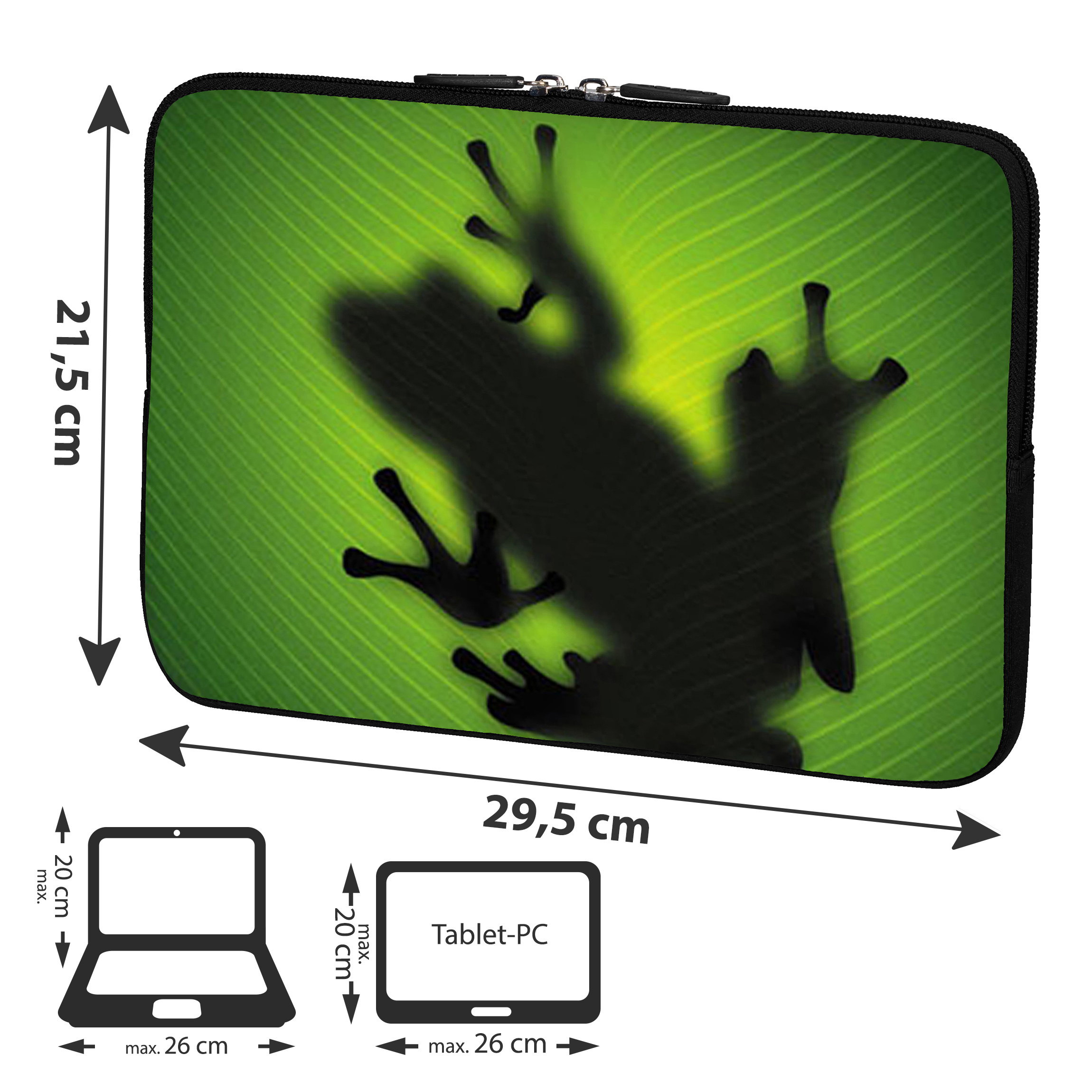 Laptoptasche mit einer Froschsilhouette auf einem grünen Blatt. Abmessungen werden angezeigt.