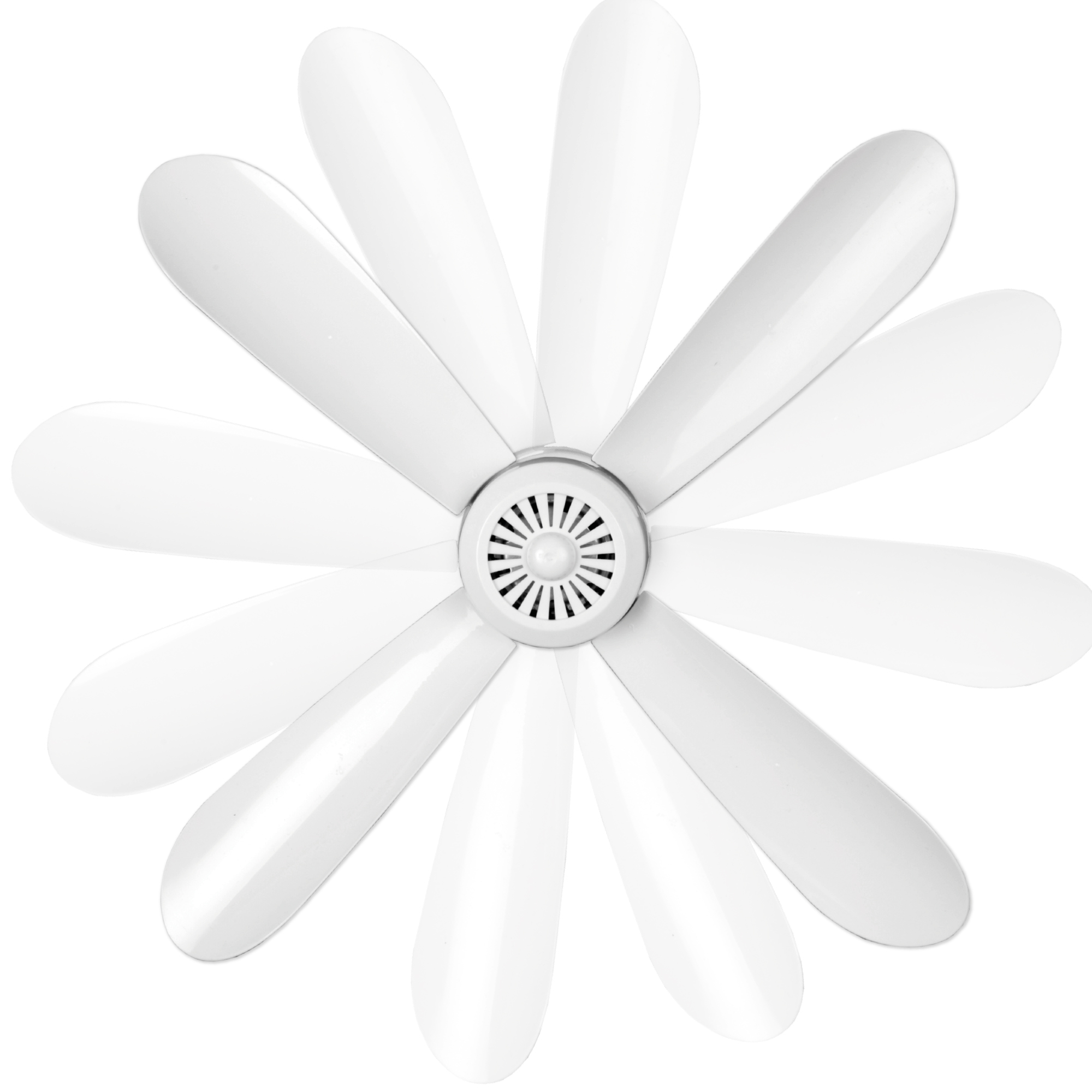 Weißer Deckenventilator mit mehreren Flügeln, Draufsicht.