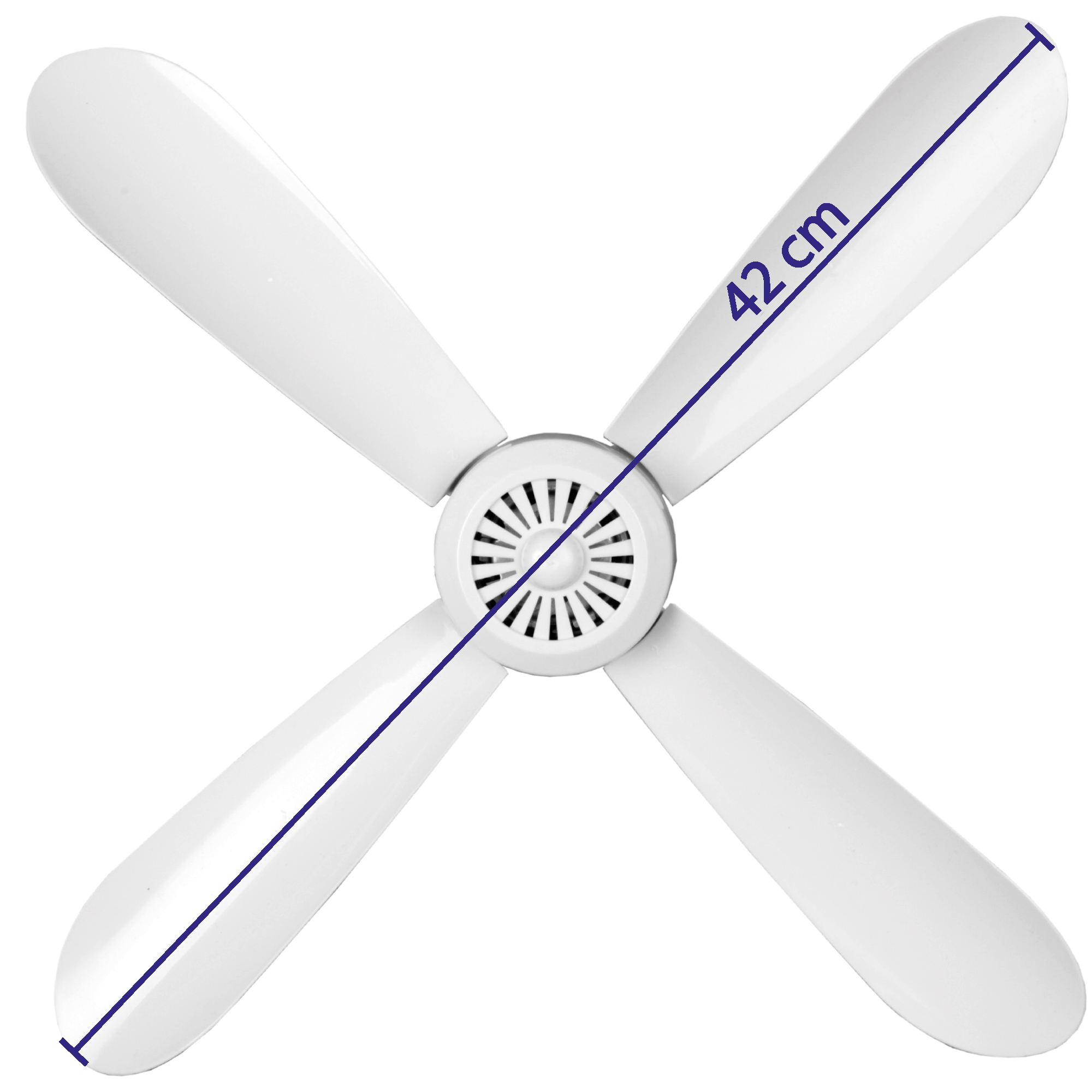 Weißer Deckenventilator mit vier Flügeln. Draufsicht, misst 42 cm. Weißer Hintergrund.