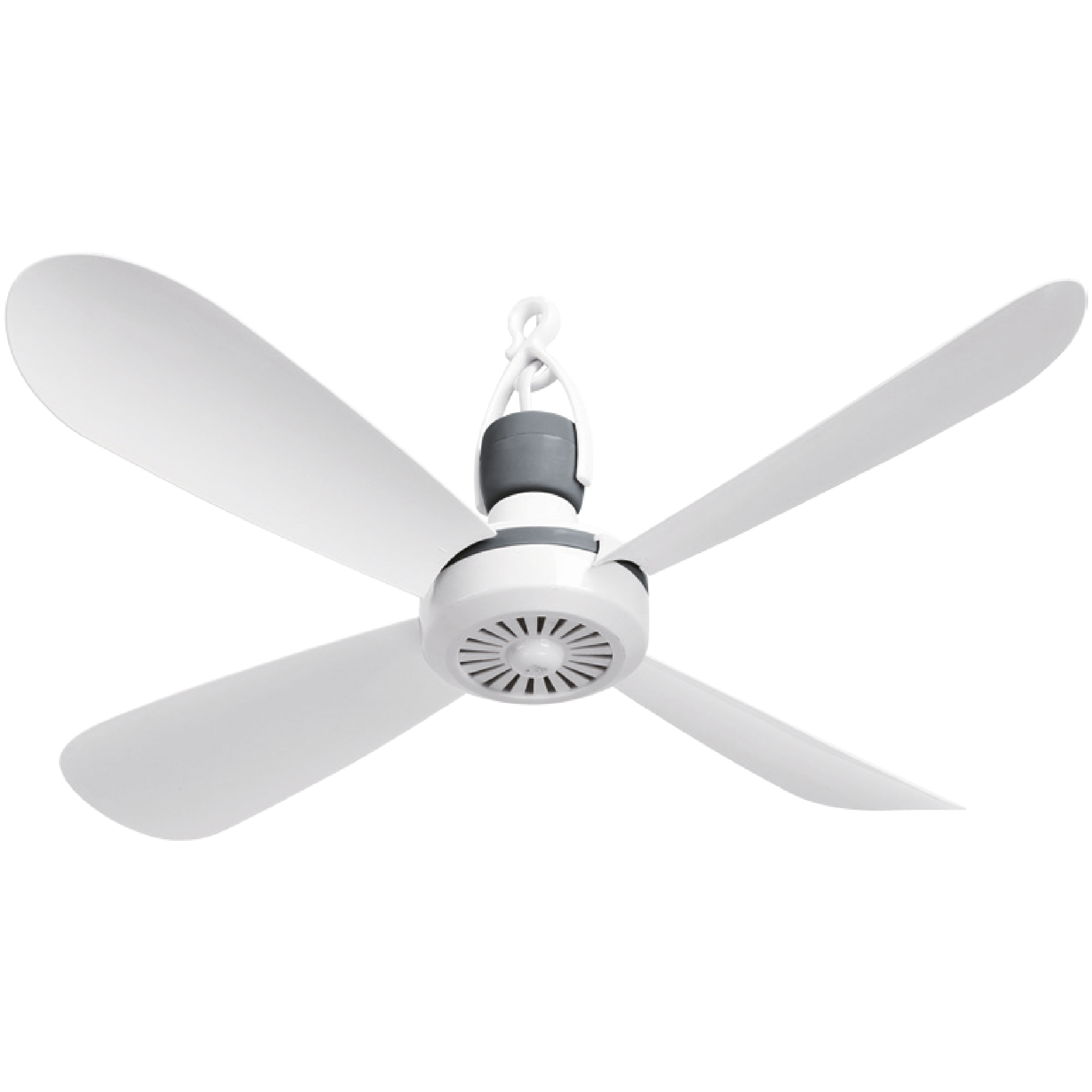 Ein weißer Deckenventilator mit vier Flügeln, der an der Decke hängt, auf weißem Hintergrund.