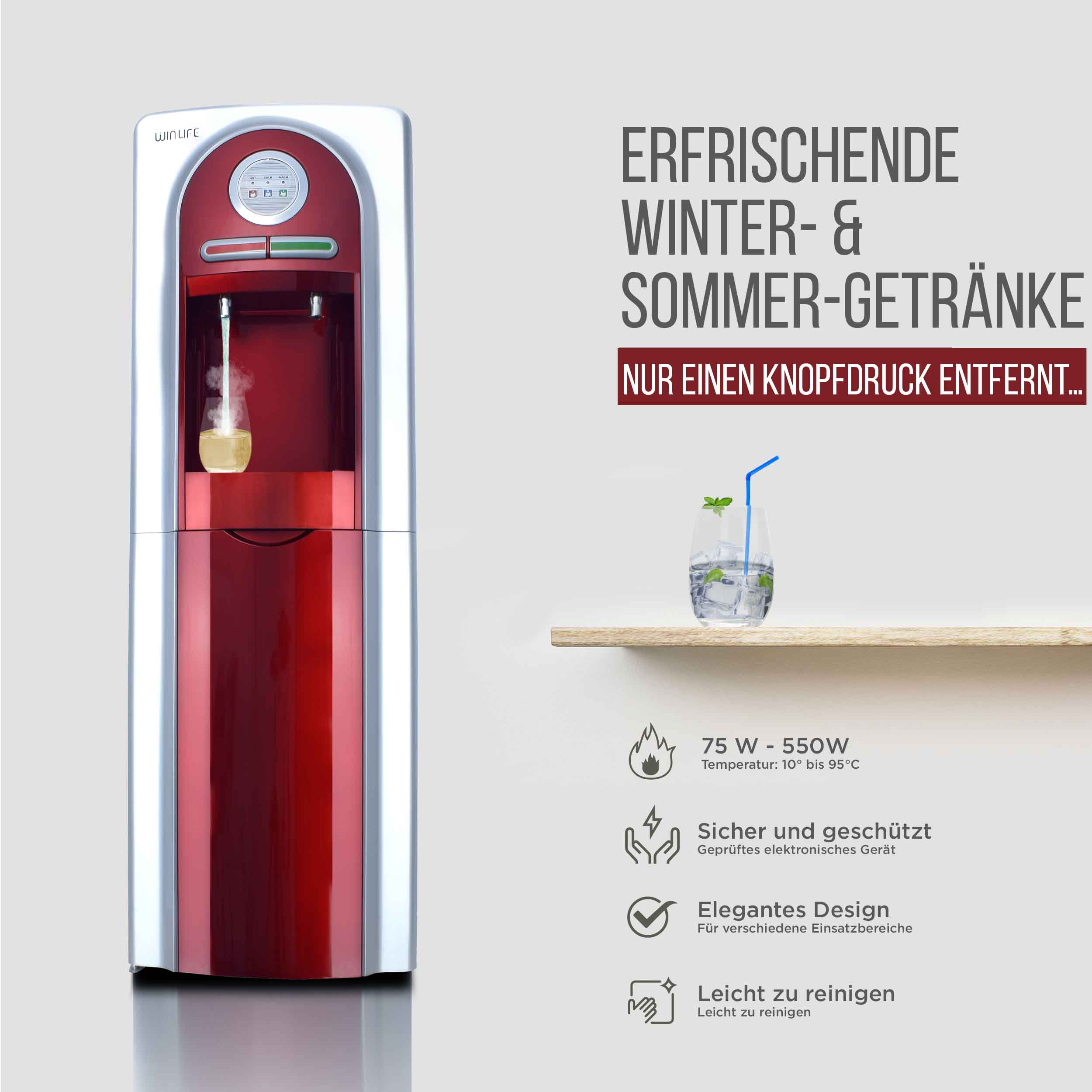 Ein rot-weißer Wasserspender mit einem Glas Wasser. Text auf der Seite.
