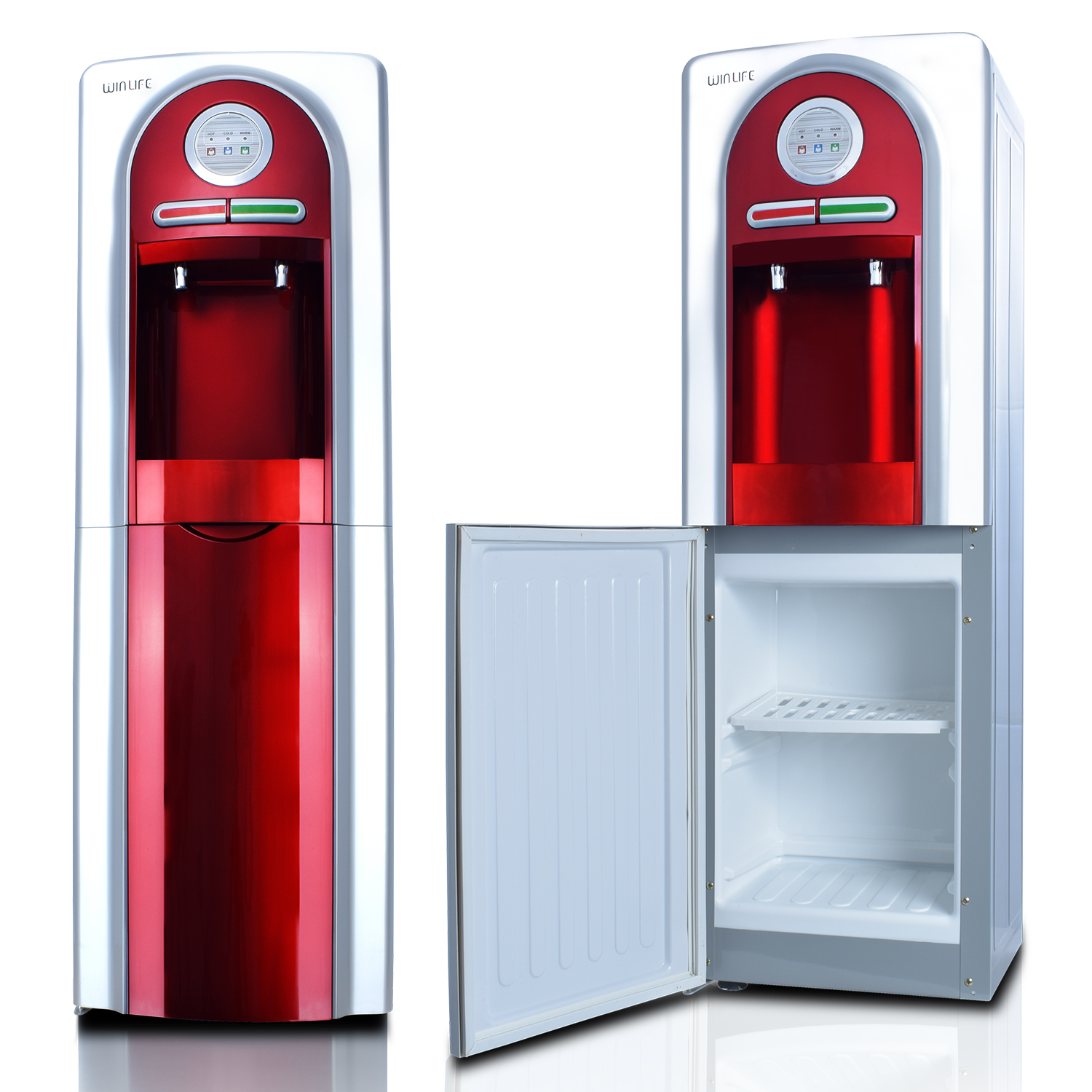 Zwei rot-weiße Winlife Wasserspender mit Kühlschrank und Bedienfeld.
