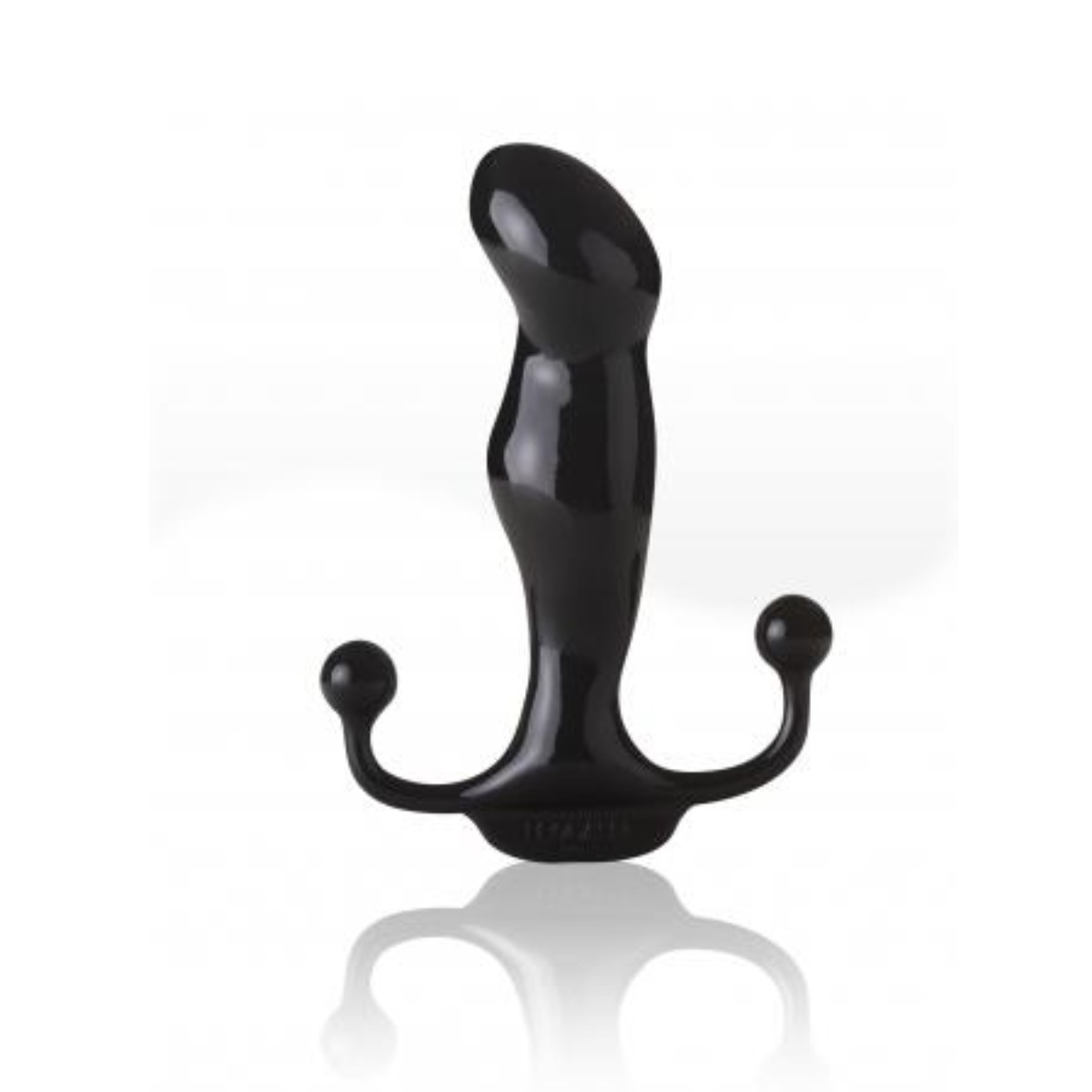 Schwarzes Sexspielzeug mit gebogener Form, zwei Kugeln und einem Sockel, auf weißem Hintergrund.