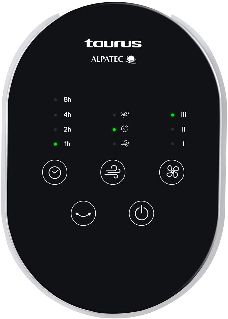 Czarno-biały panel sterowania z przyciskami i lampkami kontrolnymi, oznaczony jako 'Taurus Alpatec'.