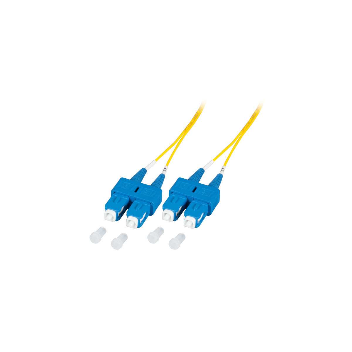Zwei blaue und gelbe SC/PC Glasfaserstecker mit gelben Glasfaserkabeln.