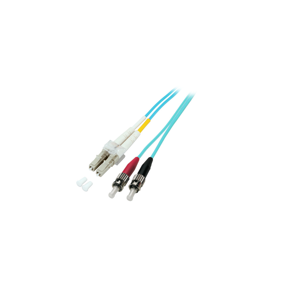 Cavi in fibra ottica blu, con connettori e cappucci. Uno rosso/nero, altri bianco/grigio.
