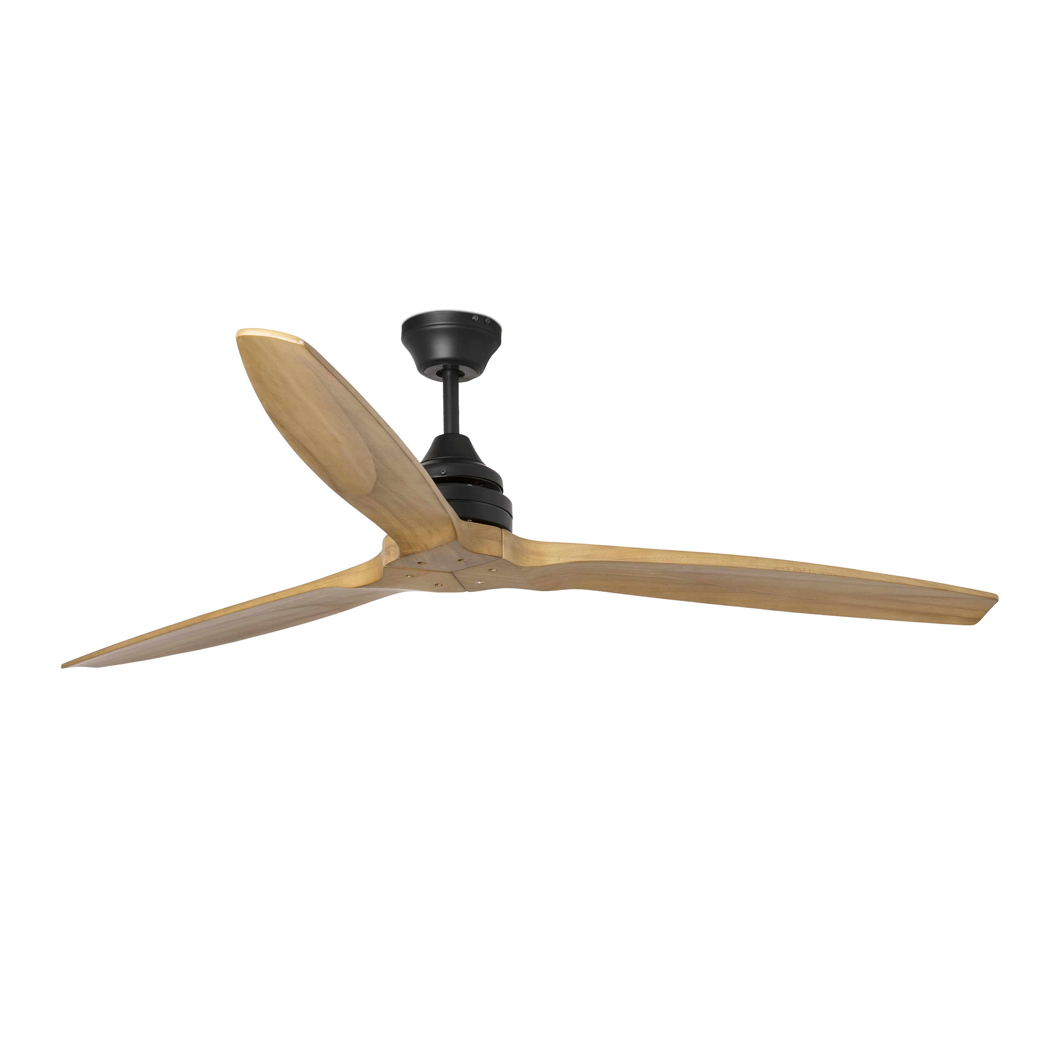 Ein Deckenventilator mit drei Holzflügeln und einem schwarzen Motor vor weißem Hintergrund.