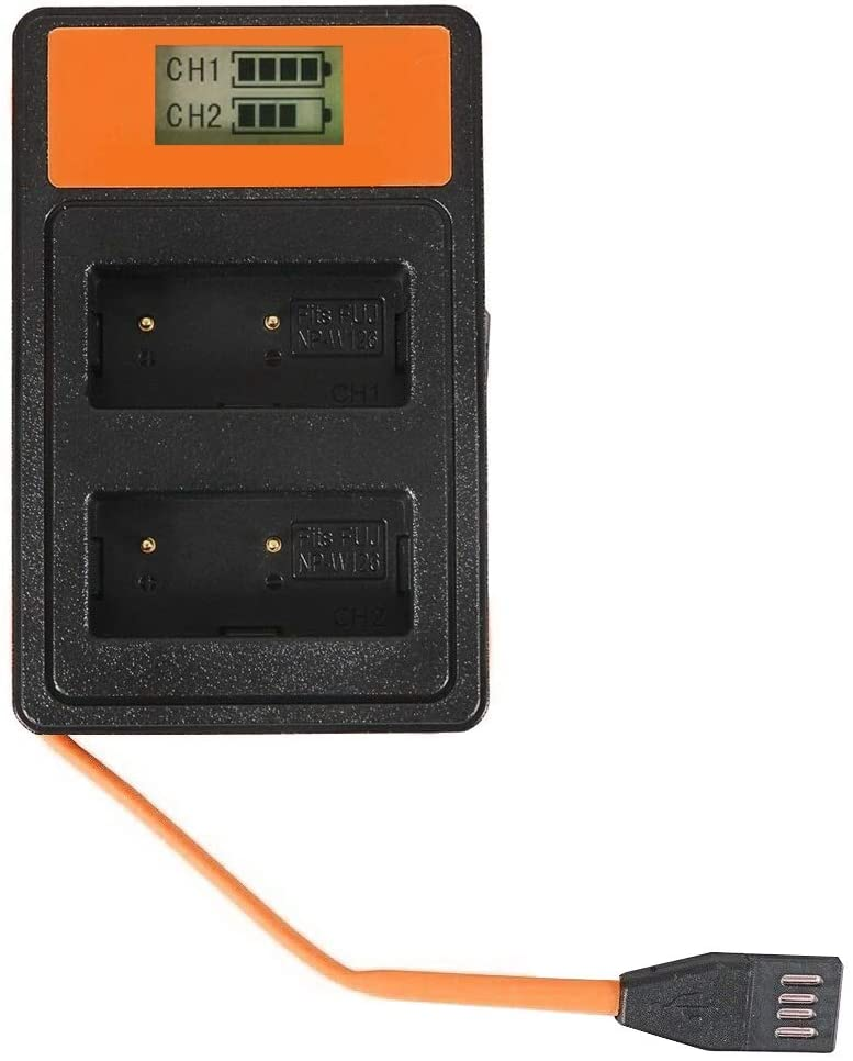 Schwarz-oranges Batterieladegerät mit zwei Ladeschächten, kleinem Bildschirm und orangefarbenem USB-Kabel.