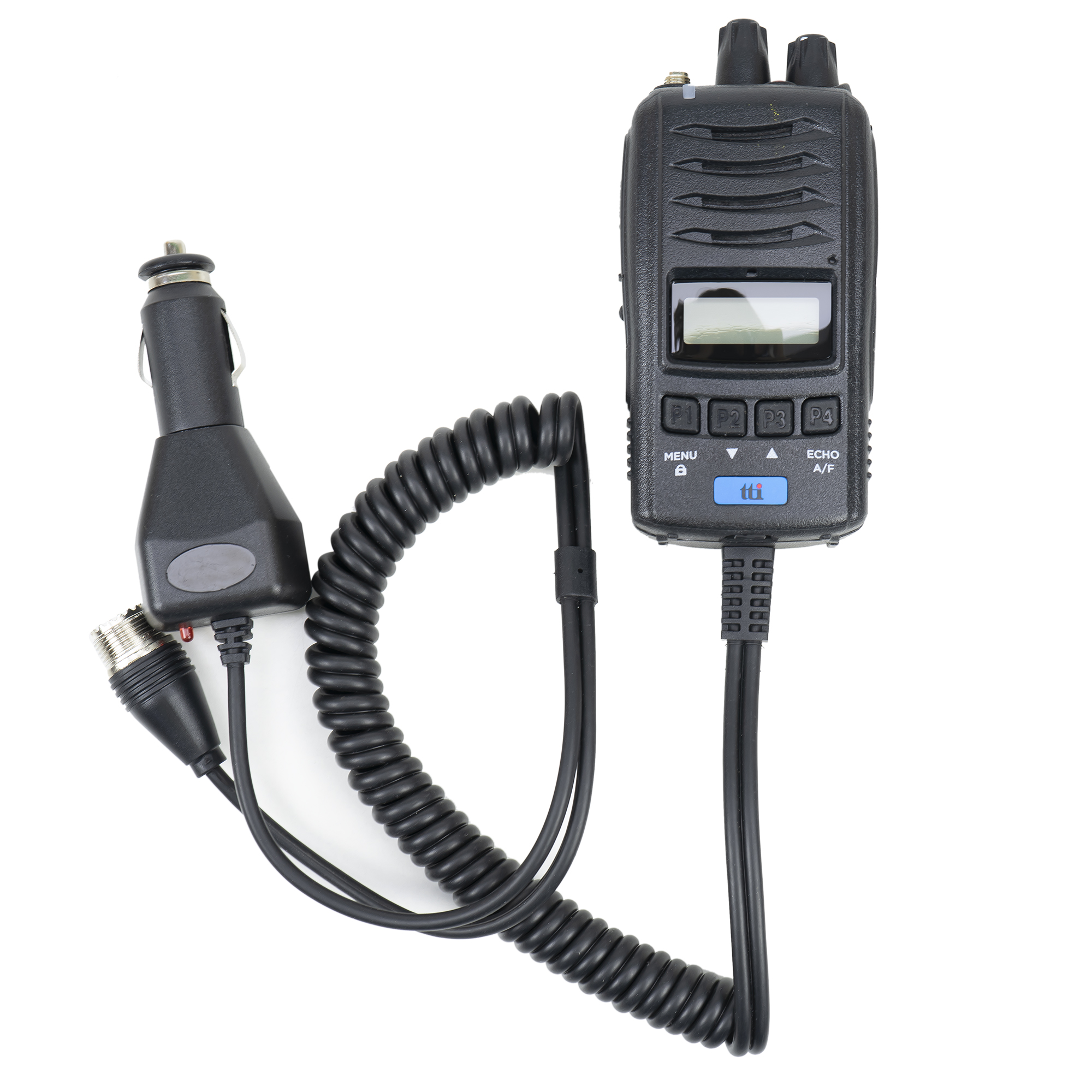 Schwarzes Handfunkgerät mit Ladekabel und Auto-Adapter.