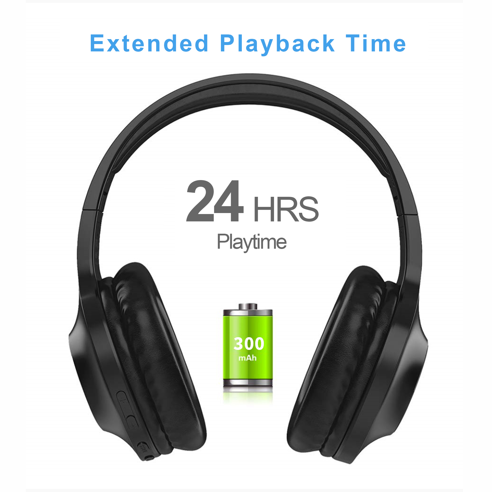 Czarne słuchawki z wyświetlaczem 24 godzin odtwarzania i ikoną baterii 300 mAh.