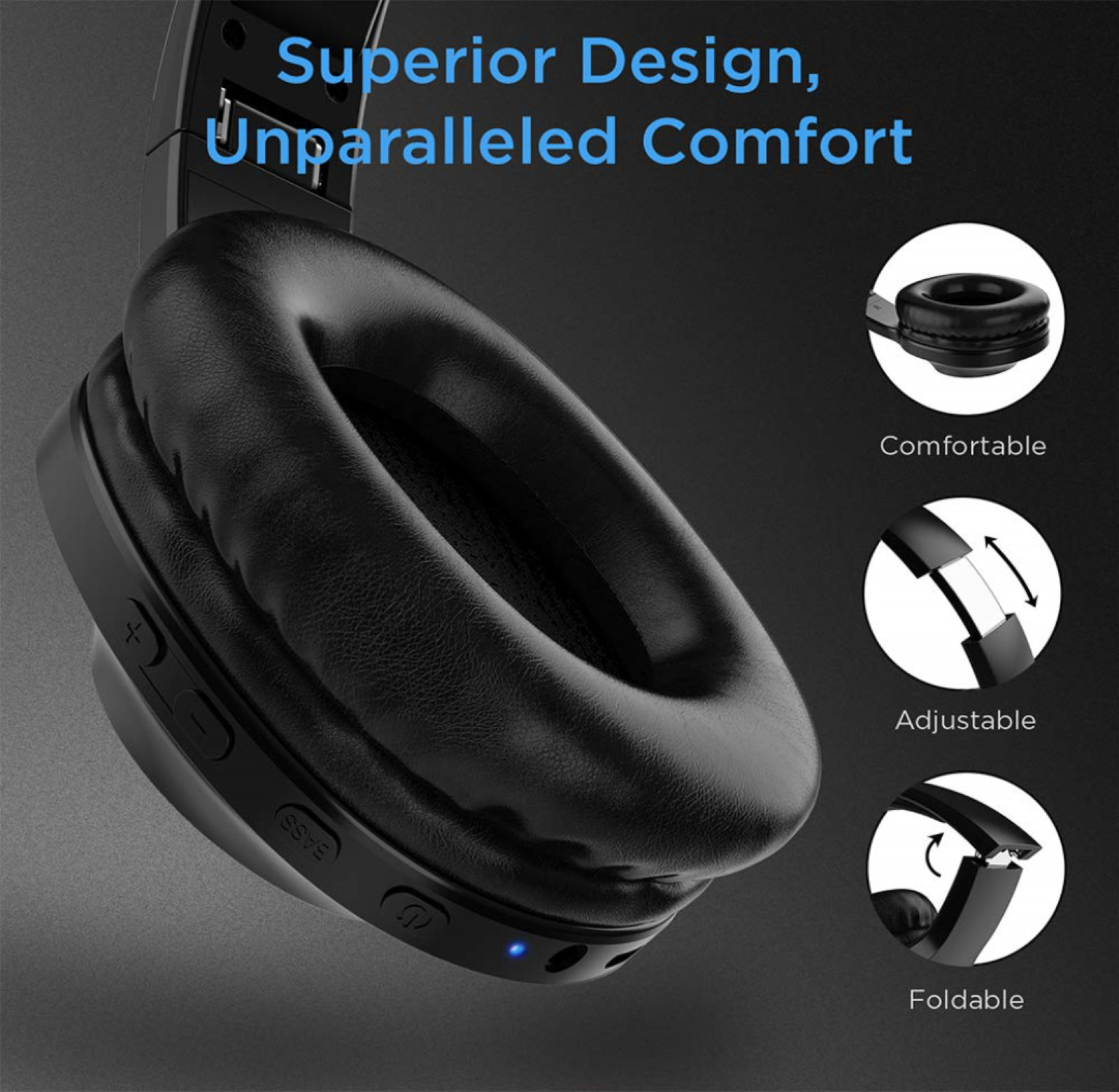 Czarne słuchawki pokazujące cechy konstrukcyjne: Wygodne, Regulowane, Składane. Tekst: Doskonały Design, Niezrównany Komfort.