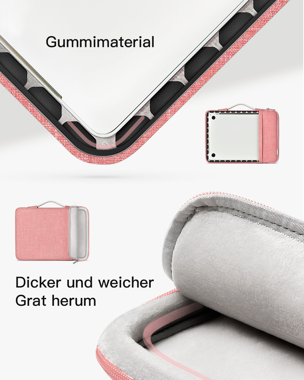 Rosa Laptoptasche, mit Nahaufnahme des weichen Kantenmaterials und des Griffs.
