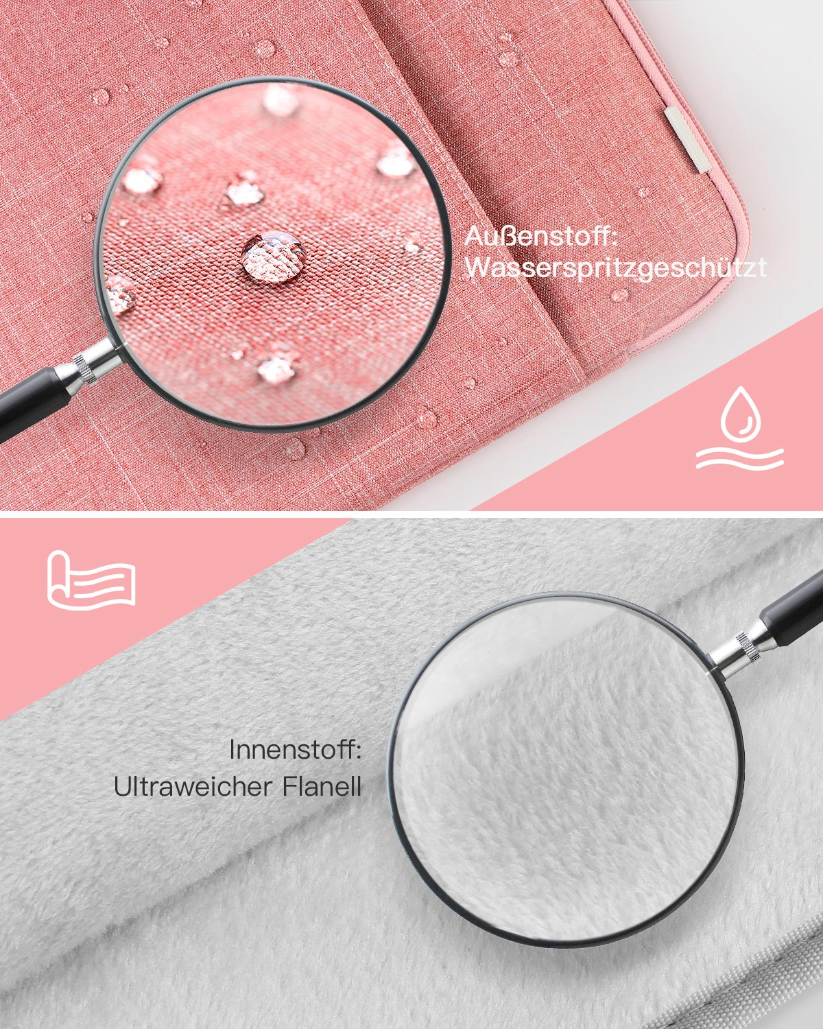 Nahaufnahme von rosa Stoff mit Wassertropfen und weißem, flauschigem Stoff unter Lupe.