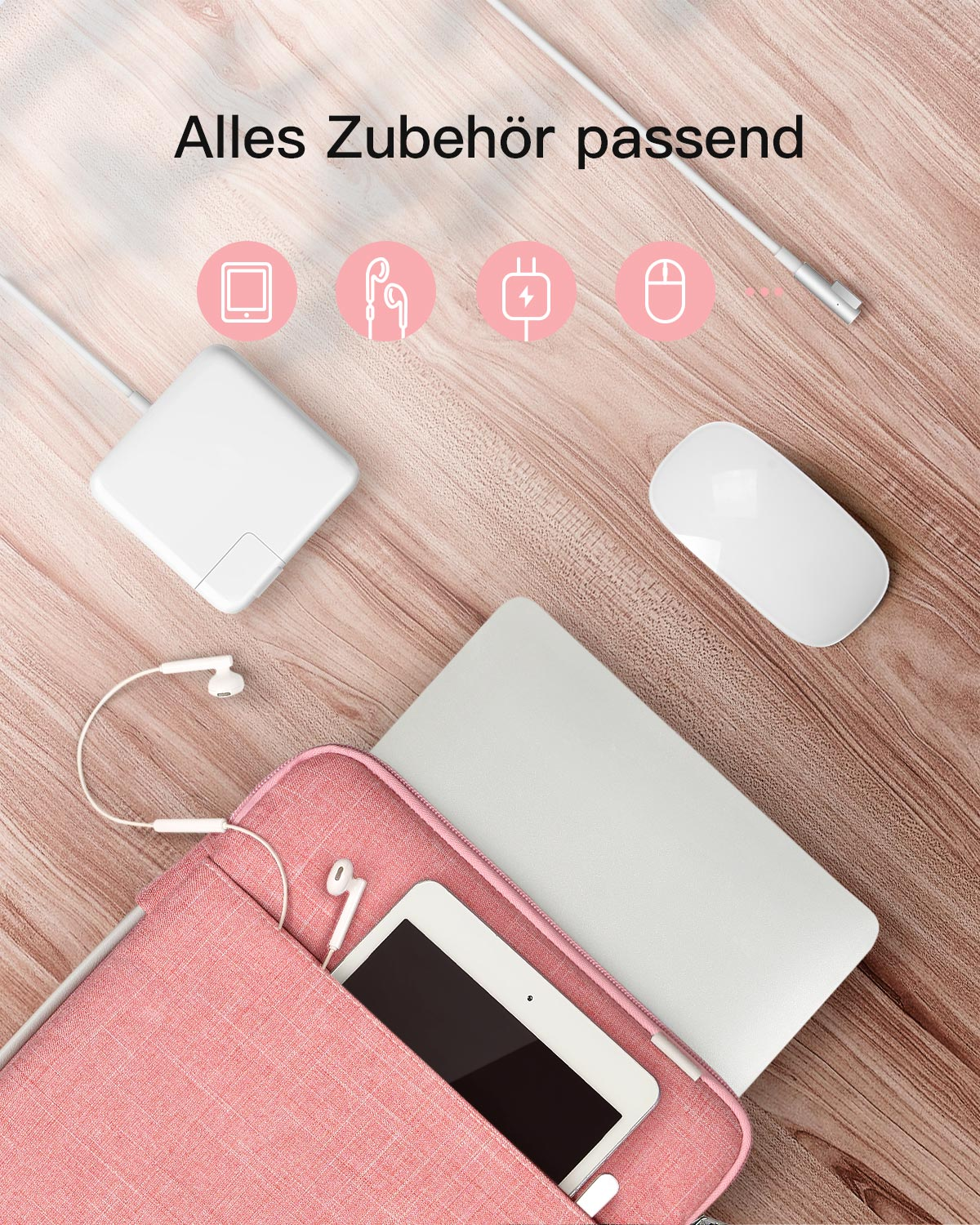 Tablet und Zubehör auf einem Holztisch. Text: Alles Zubehör passend.