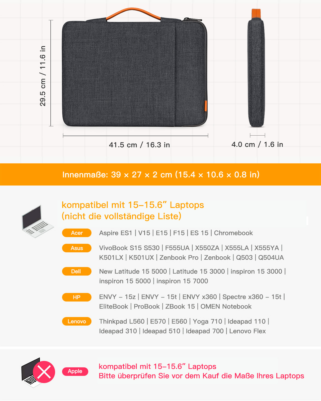 Graue Laptop-Hülle mit Abmessungen und einer Liste kompatibler Laptops. Oranges Etikett an der Seite der Hülle.