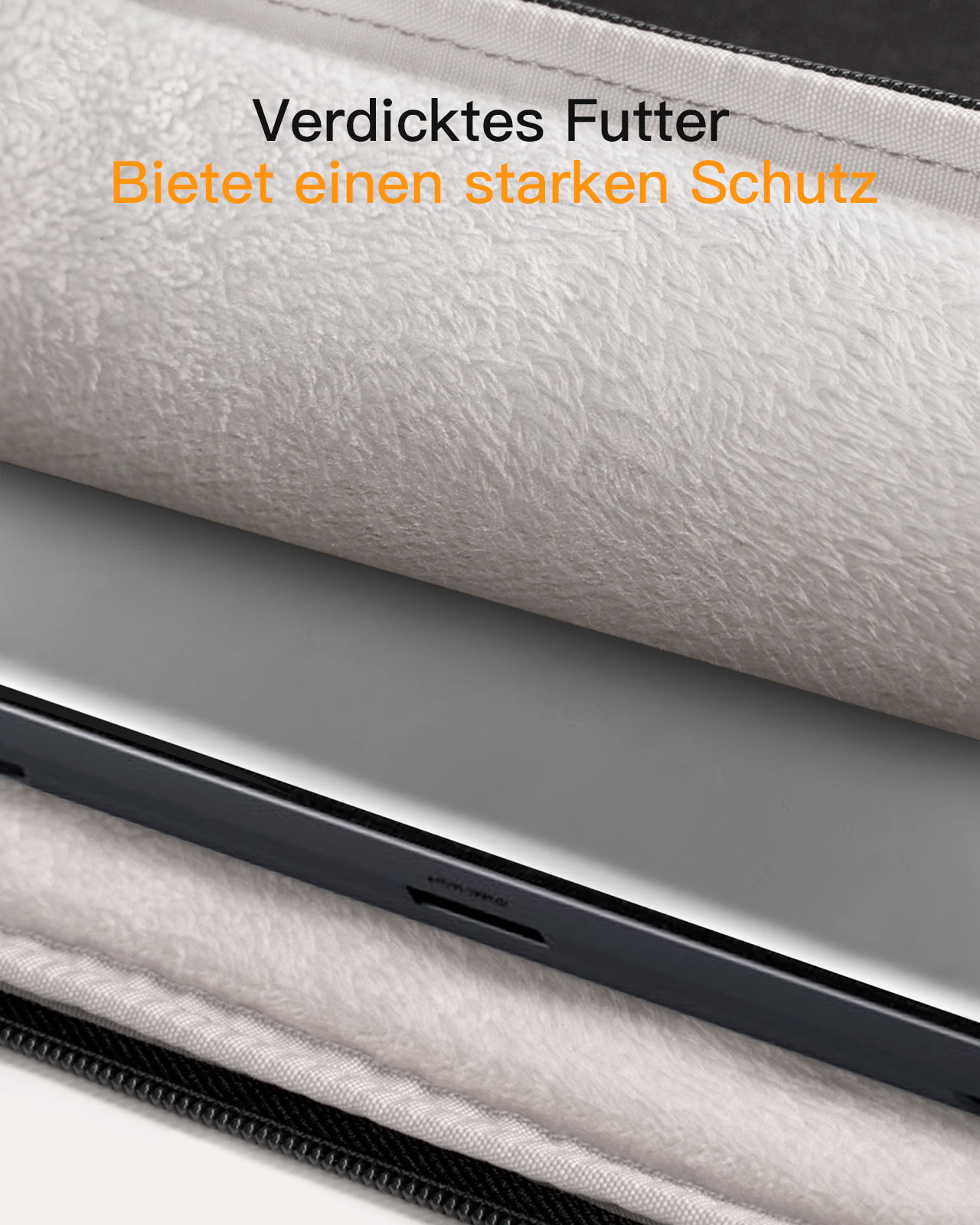 Nahaufnahme eines Telefongehäuse-Innenraums mit flauschigem weißen Material. Text sagt 'Verdicktes Futter'.
