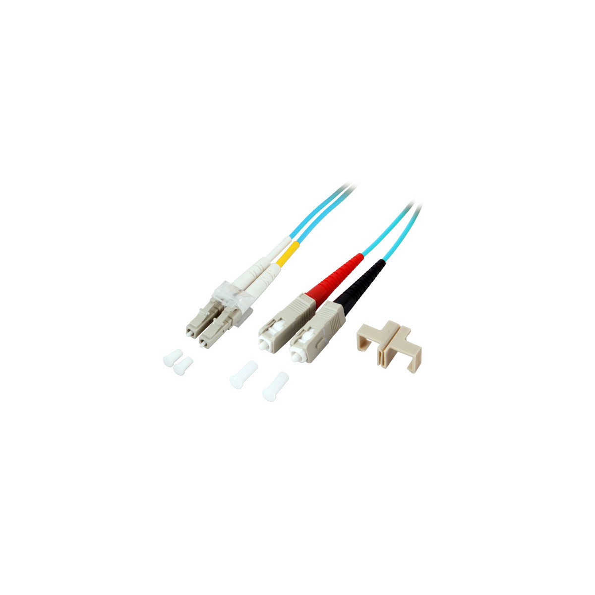 Cavi in fibra ottica blu, con connettori e cappucci. Uno rosso/nero, altri bianco/grigio.