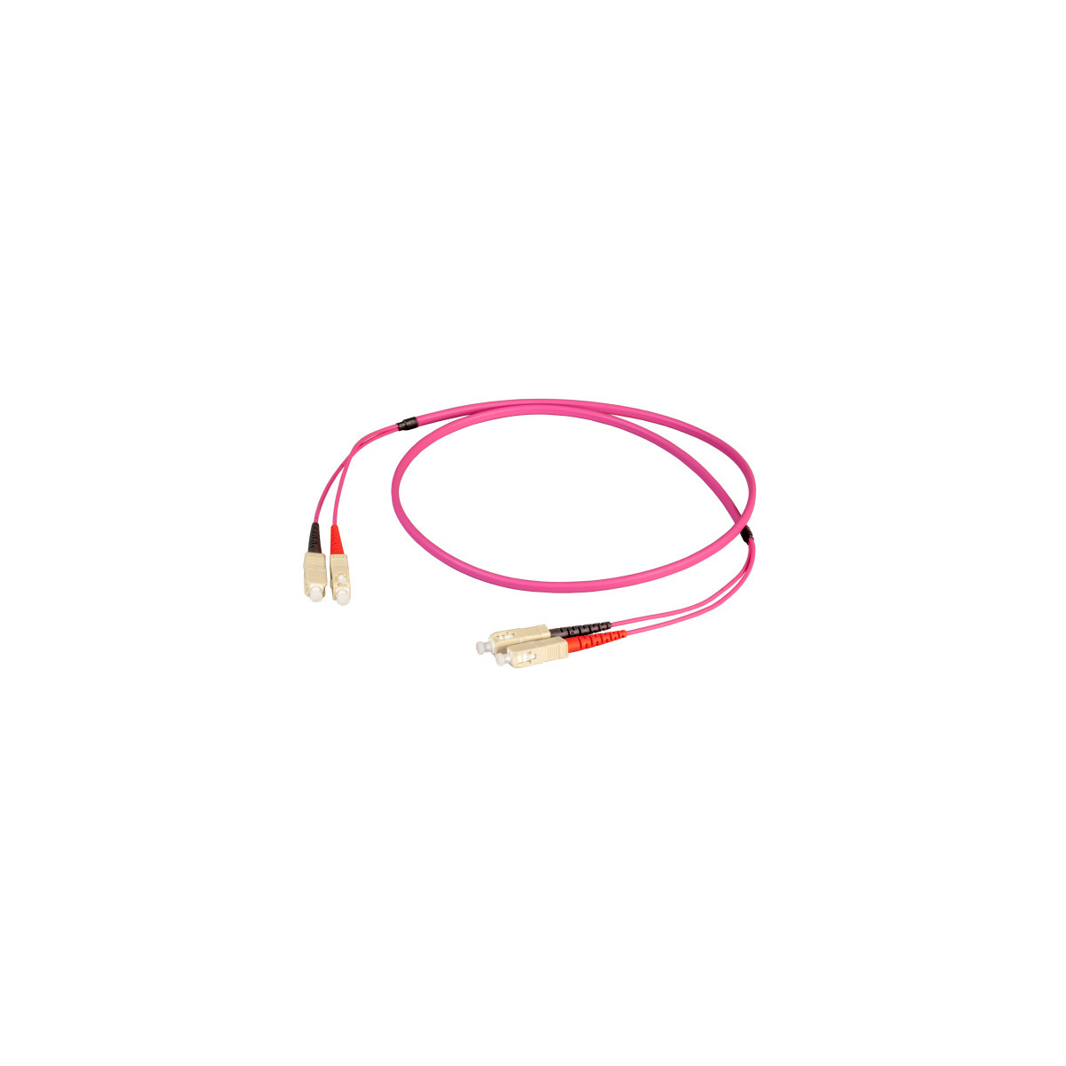 Cavo in fibra ottica rosa con due connettori su sfondo bianco.