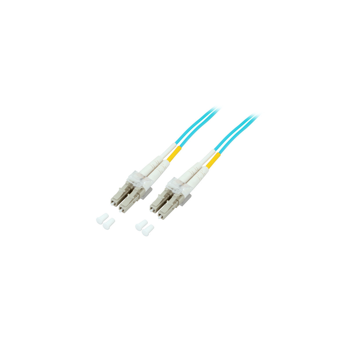 Due paia di cavi in fibra ottica blu con connettori e cappucci bianchi.
