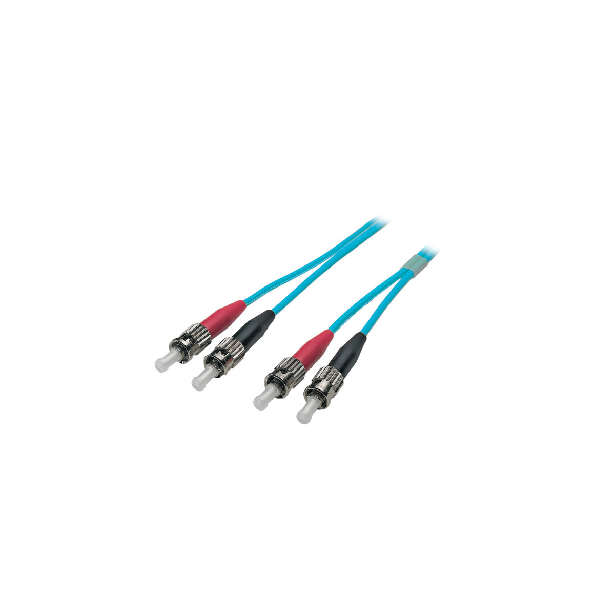 Due cavi in fibra ottica blu con connettori e cappucci protettivi su sfondo bianco.