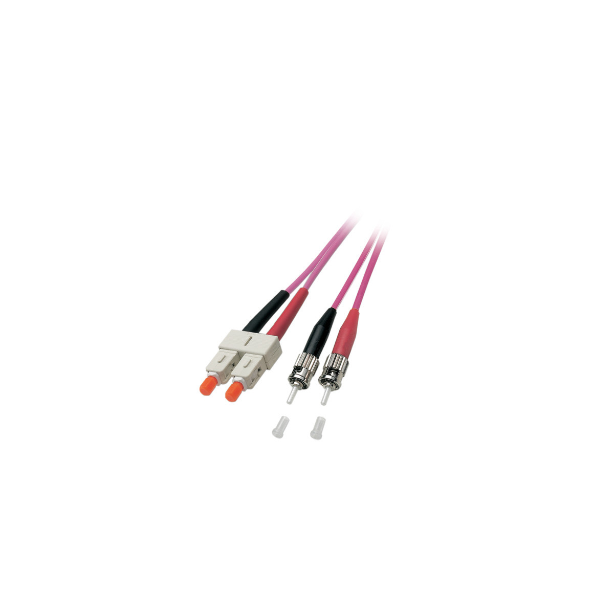 Cavi in fibra ottica rosa con connettori e cappucci. Uno rosso/nero, altri bianco/grigio, su bianco.