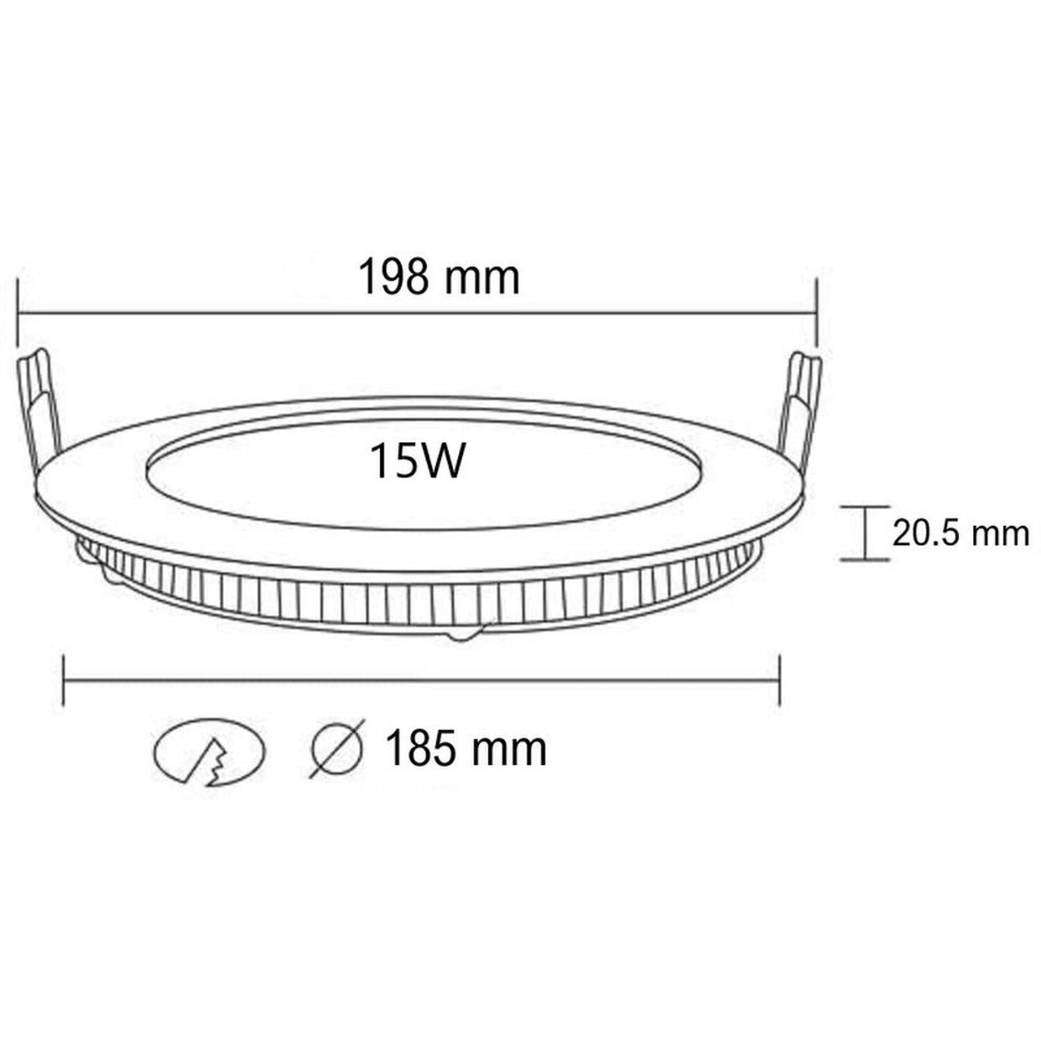 Kreisförmige Einbau-LED-Leuchte mit Abmessungen. Enthält ein kreisförmiges Design mit 15W Leistung.