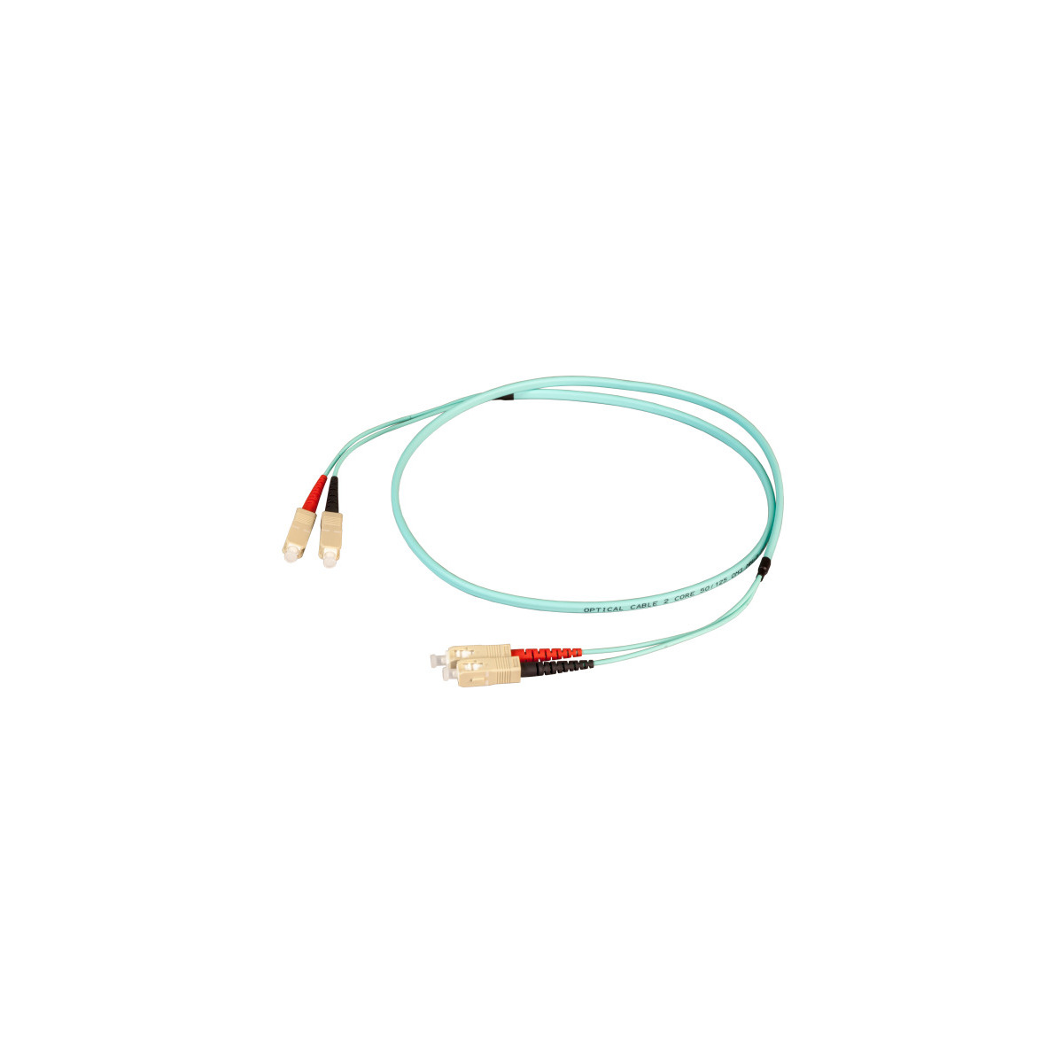 Un cavo in fibra ottica blu con connettori su sfondo bianco.