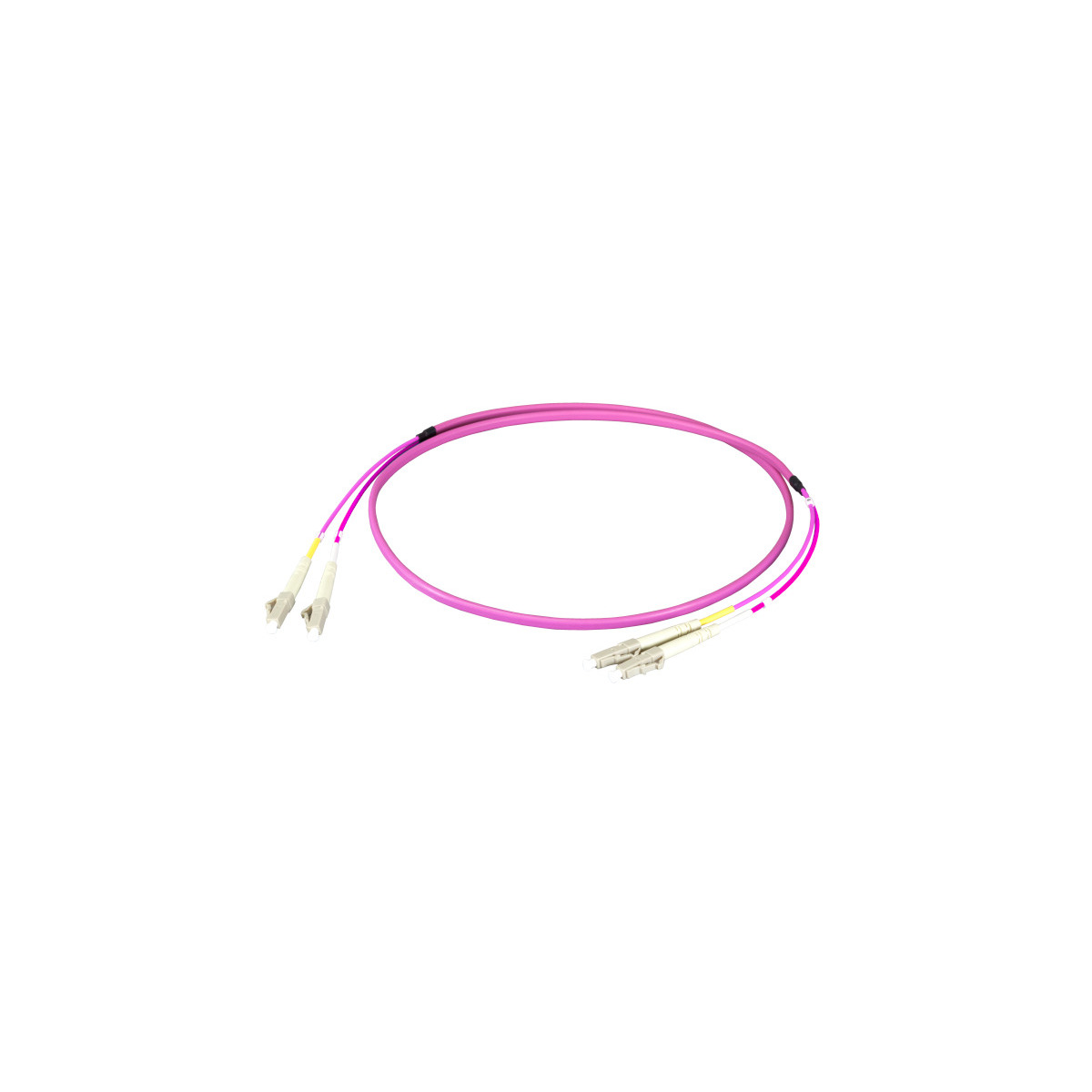 Un cavo in fibra ottica rosa con connettori su sfondo bianco.