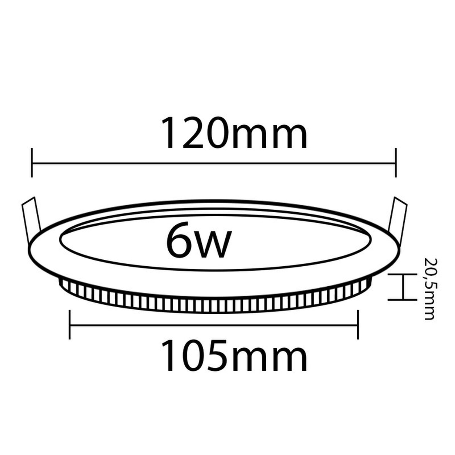 Diagramm für runde Einbauleuchte. Abmessungen sind 120 mm, 105 mm und 20,5 mm, mit 6W-Etikett.