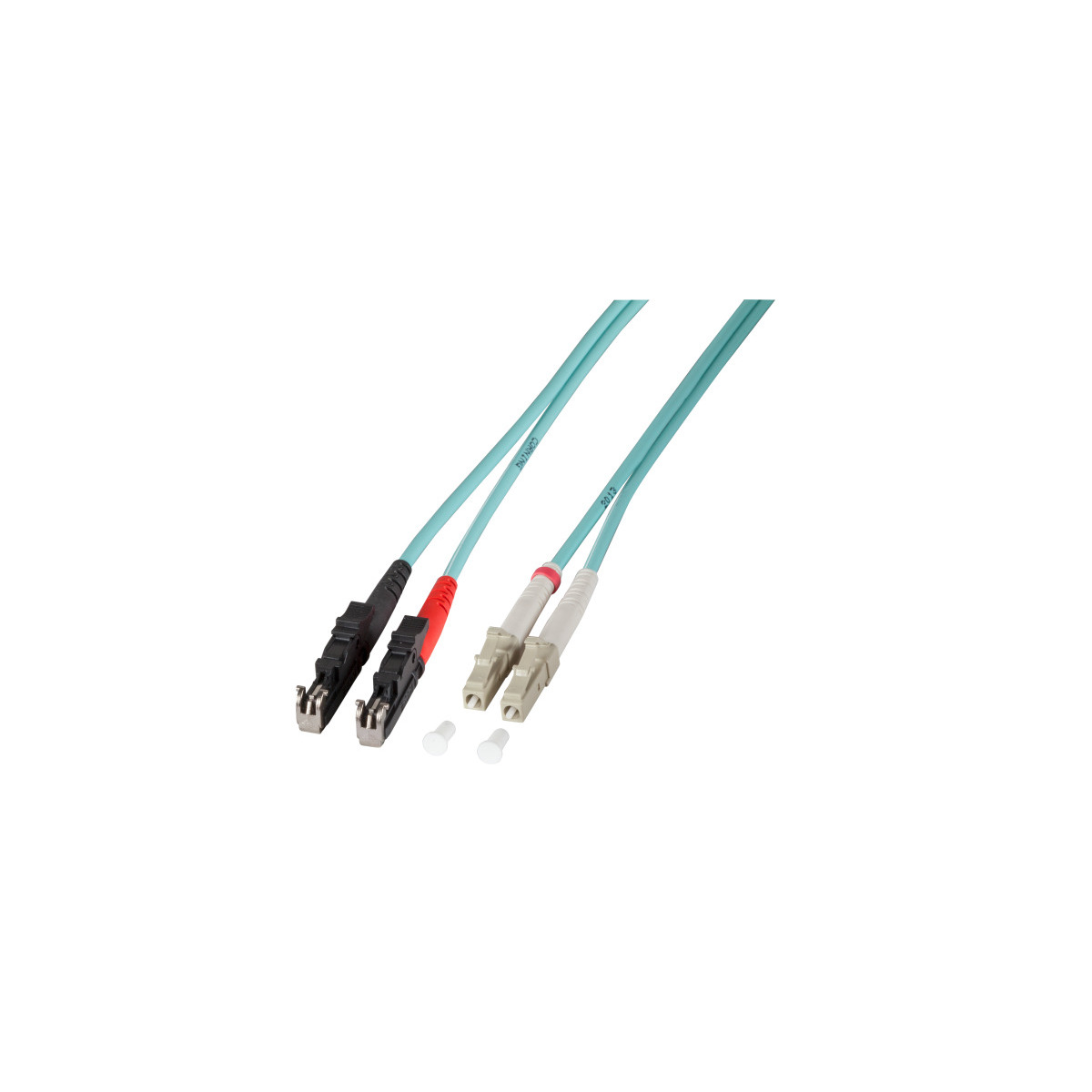 Due cavi in fibra ottica con connettori neri, rossi e bianchi, e cappucci bianchi su bianco.